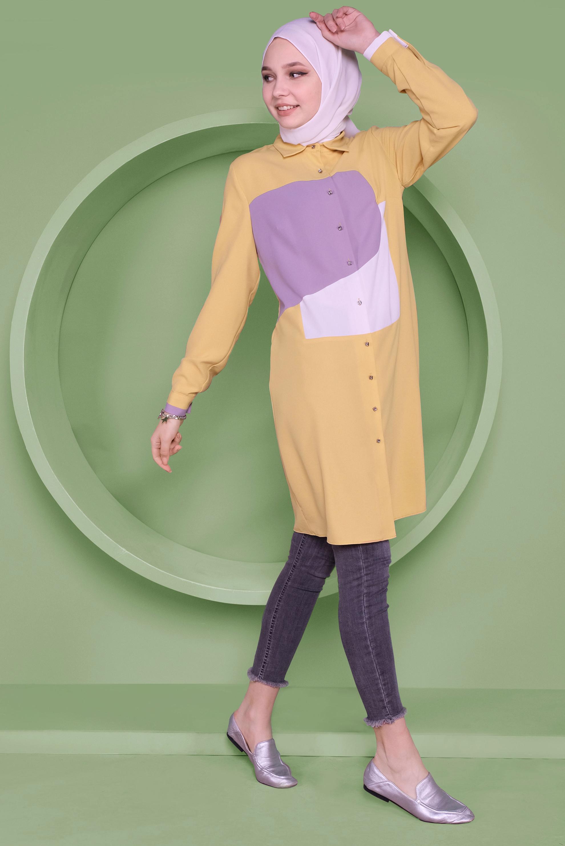 Tesettür giyim SARI ÜÇ RENK KOMBİNLİ TUNİK  41397 