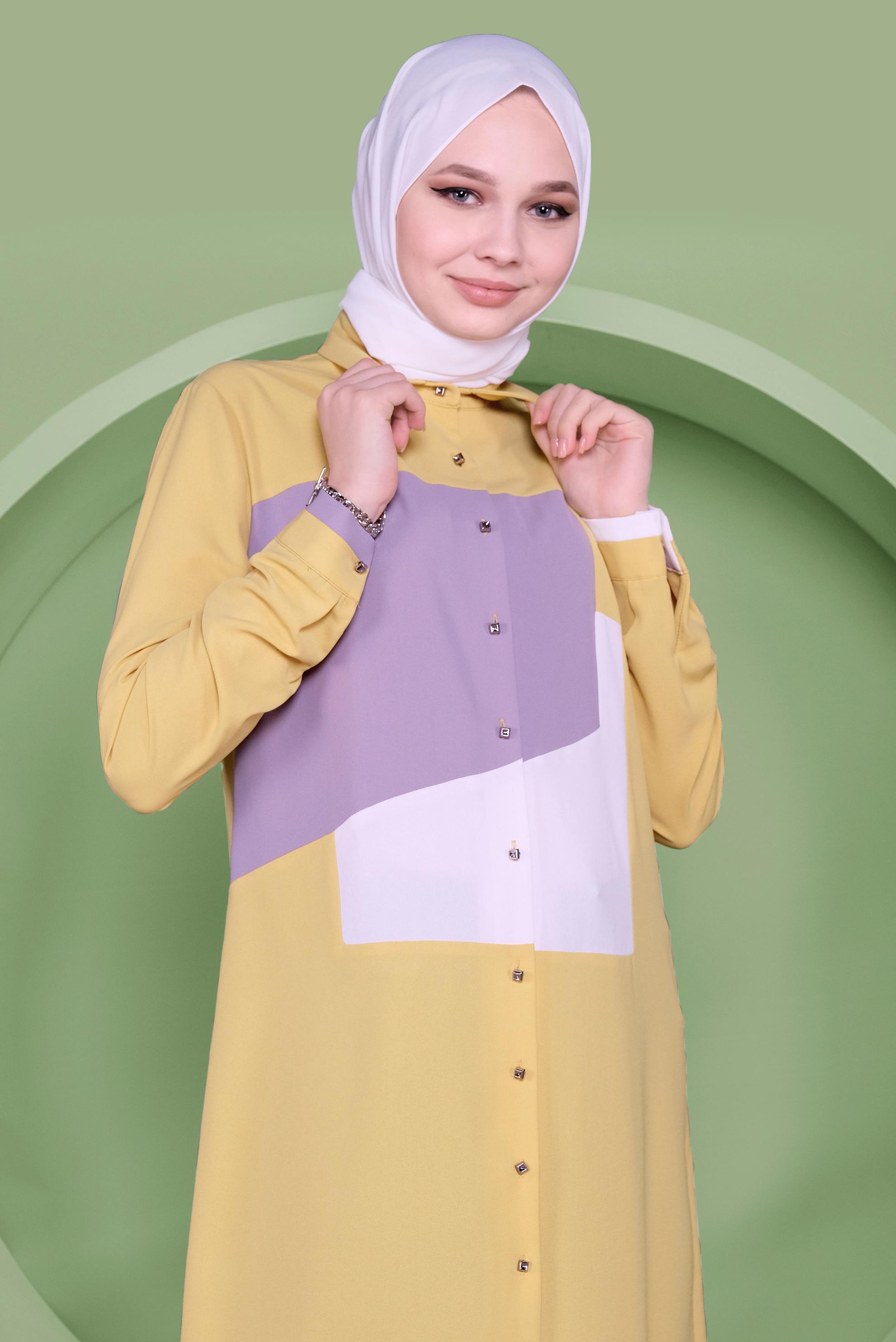 Tesettür giyim SARI ÜÇ RENK KOMBİNLİ TUNİK  41397 