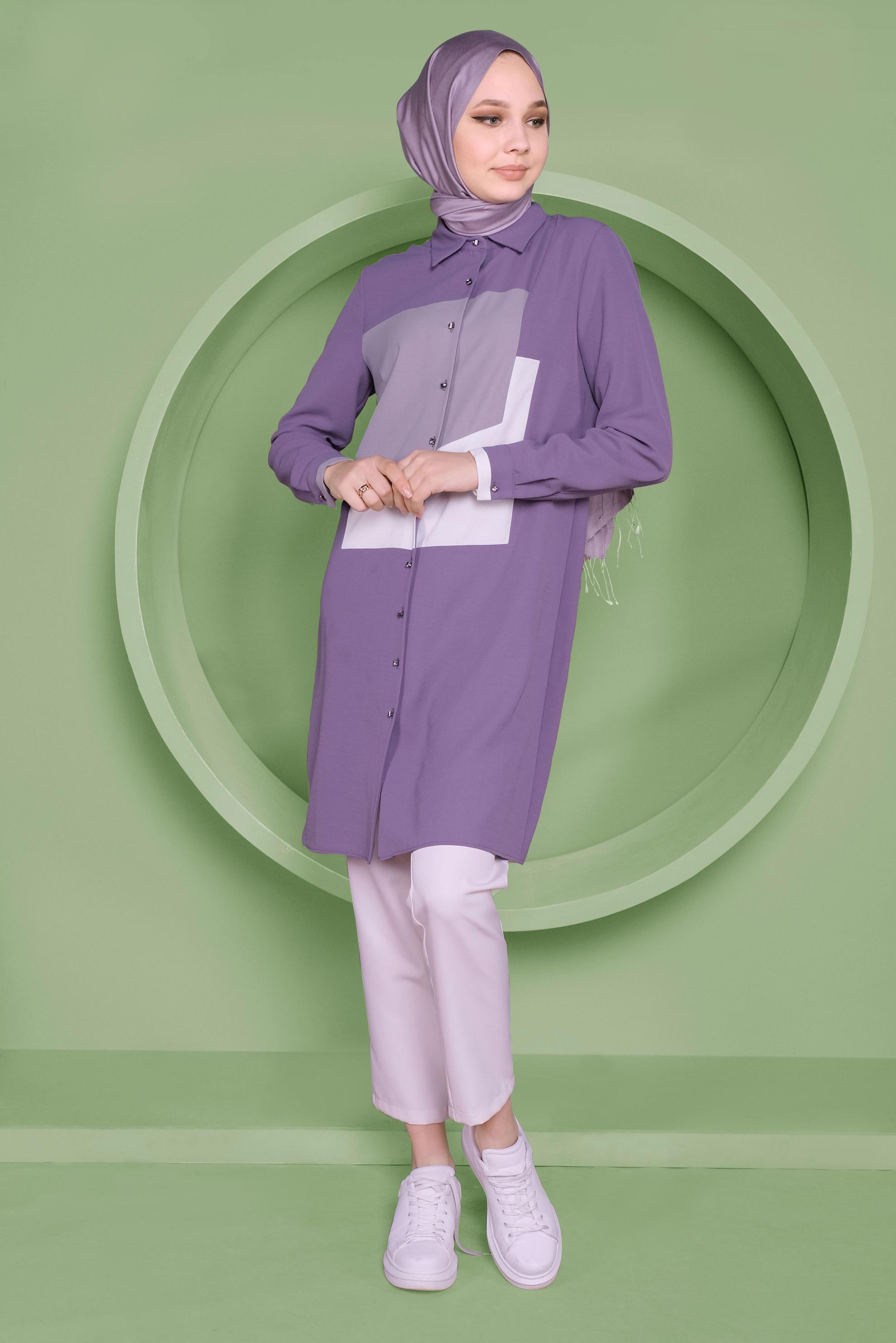 Tesettür giyim MOR ÜÇ RENK KOMBİNLİ TUNİK  41397 