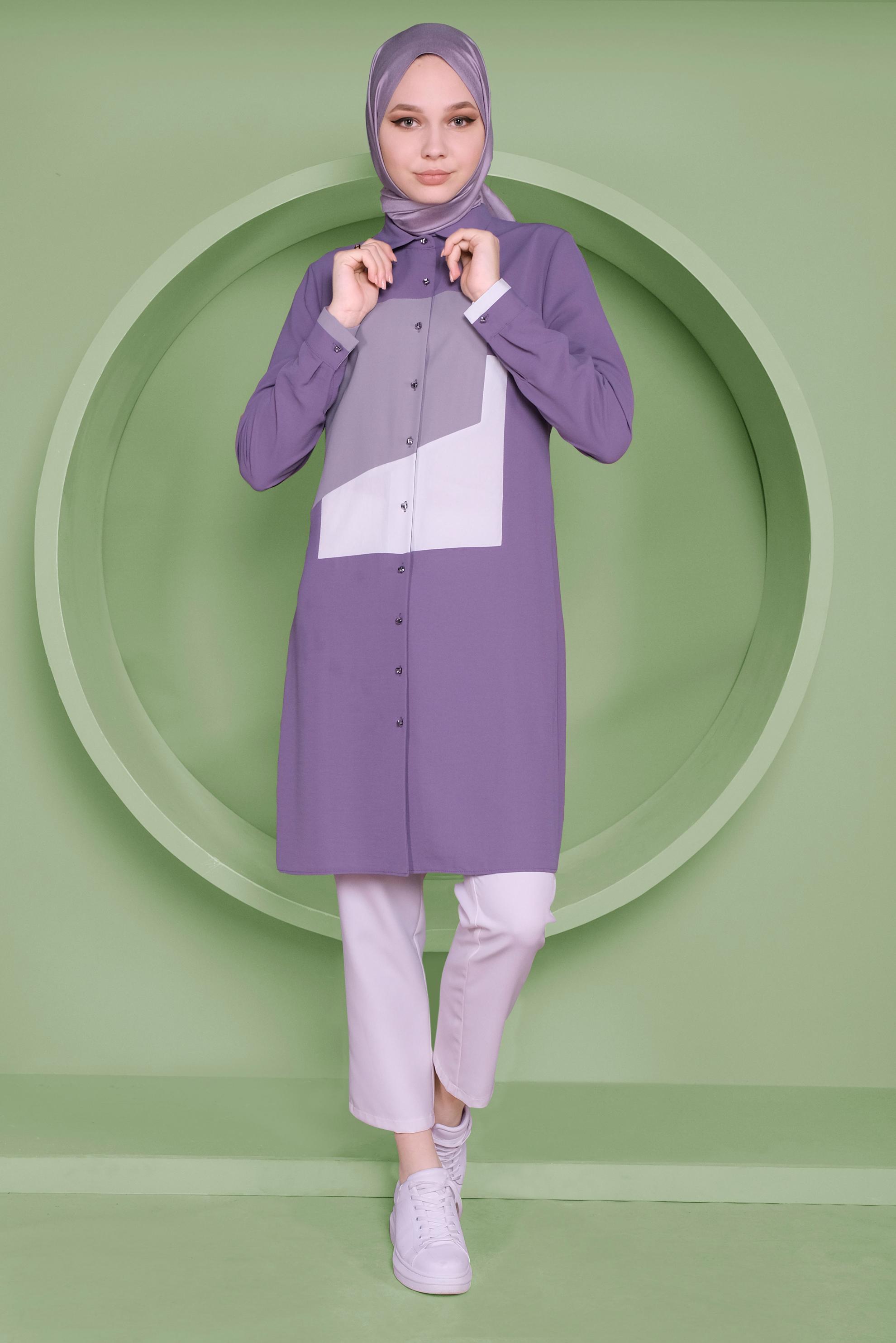 Tesettür giyim MOR ÜÇ RENK KOMBİNLİ TUNİK  41397 