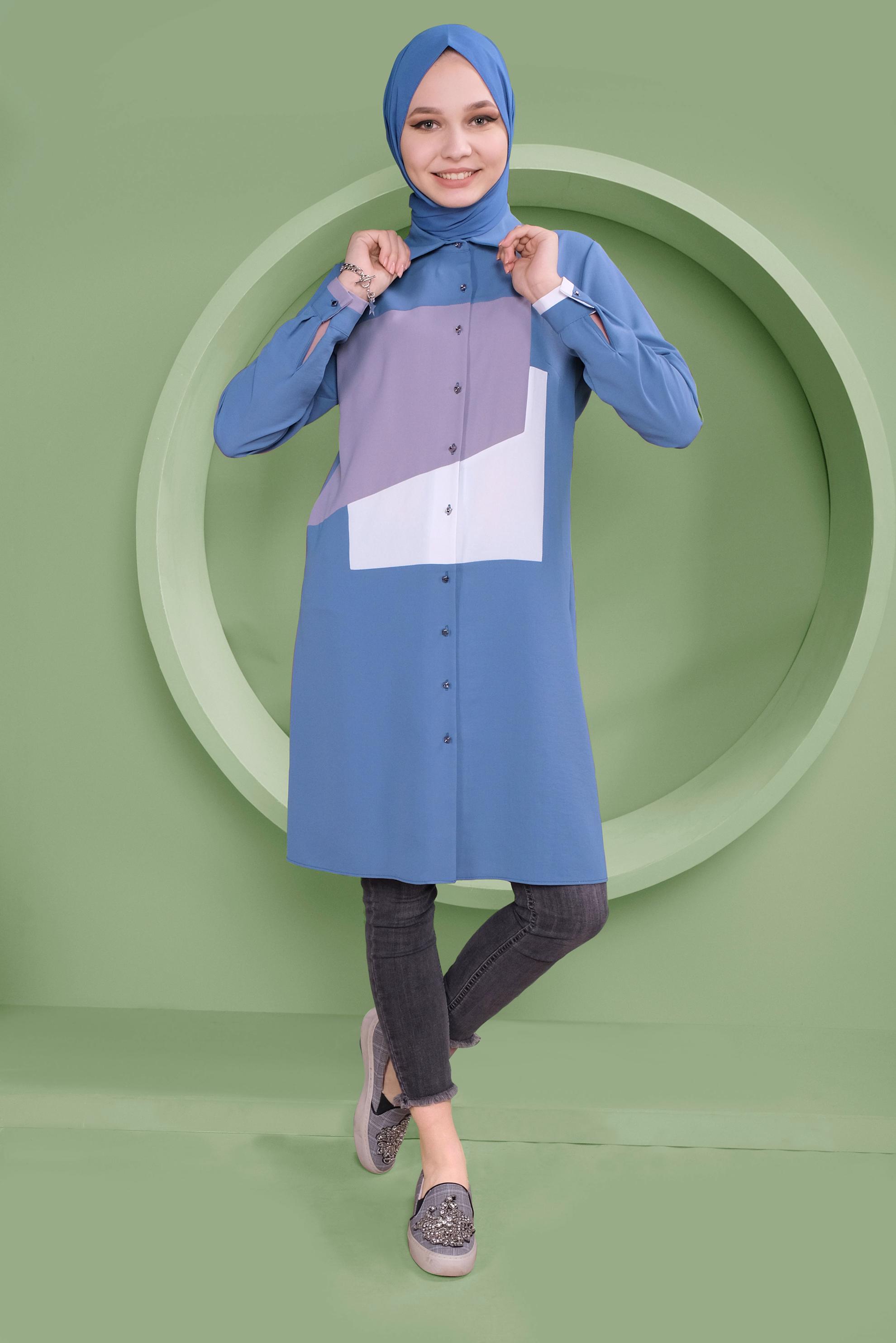 Tesettür giyim MAVİ ÜÇ RENK KOMBİNLİ TUNİK  41397 