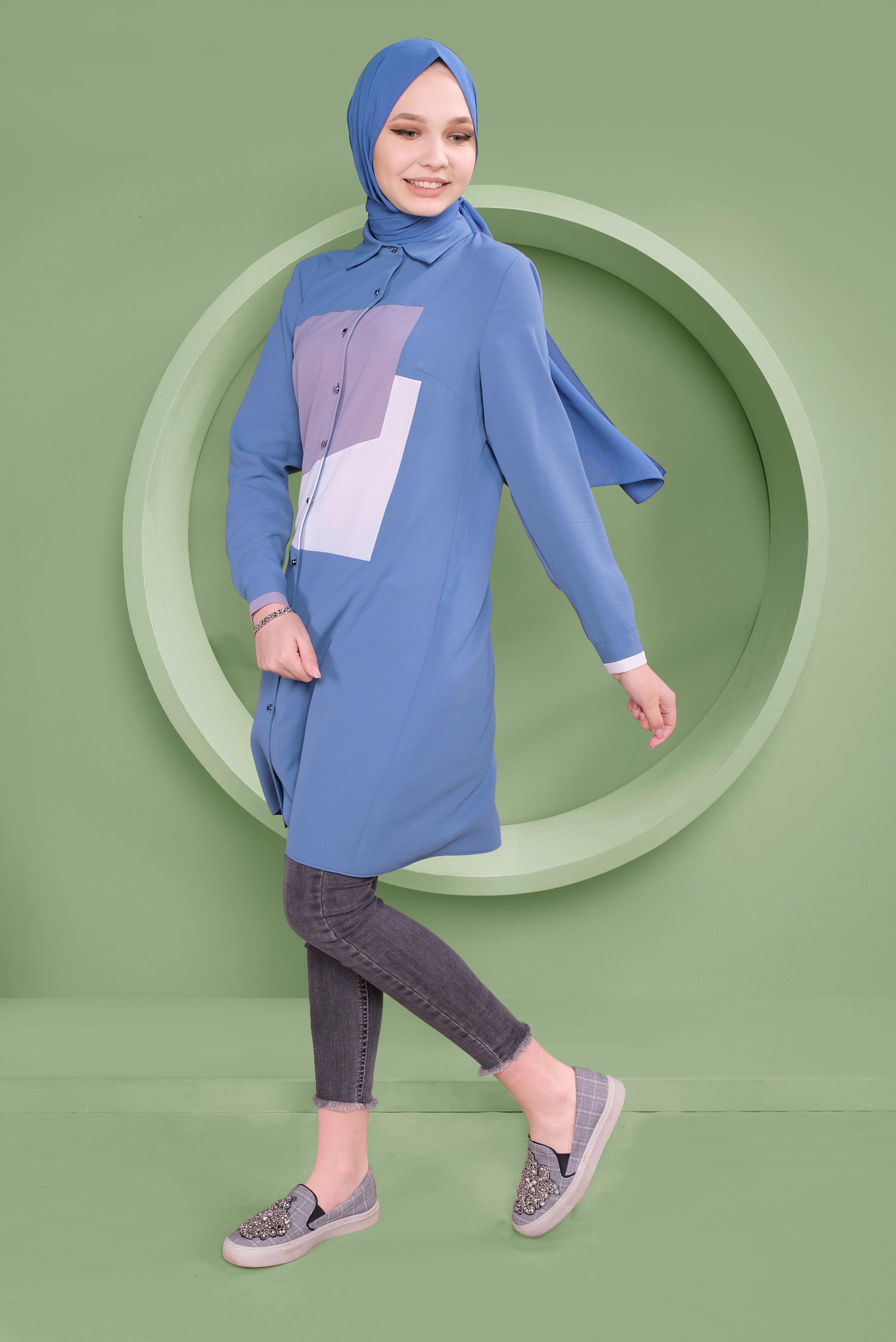 Tesettür giyim MAVİ ÜÇ RENK KOMBİNLİ TUNİK  41397 