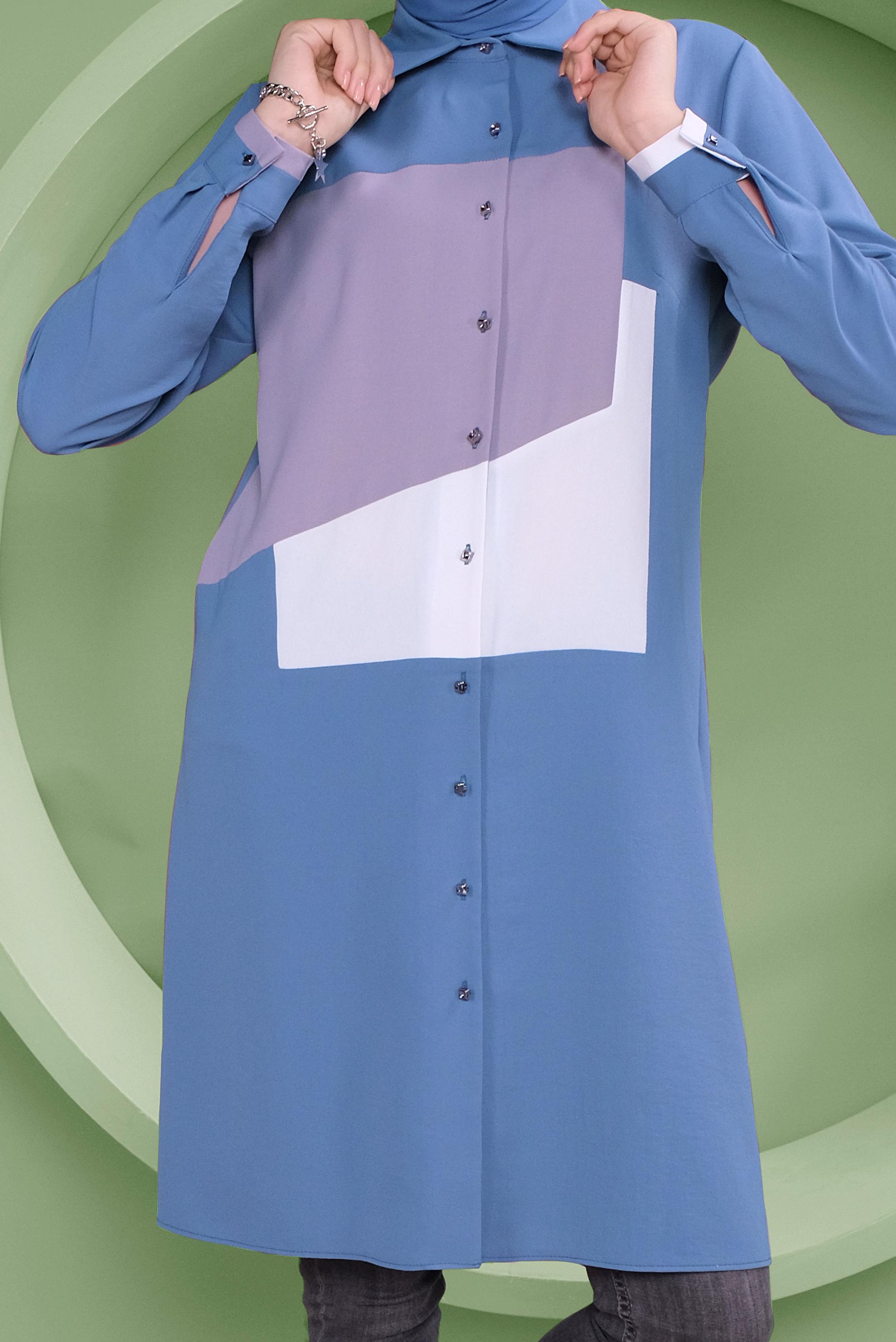 Tesettür giyim MAVİ ÜÇ RENK KOMBİNLİ TUNİK  41397 