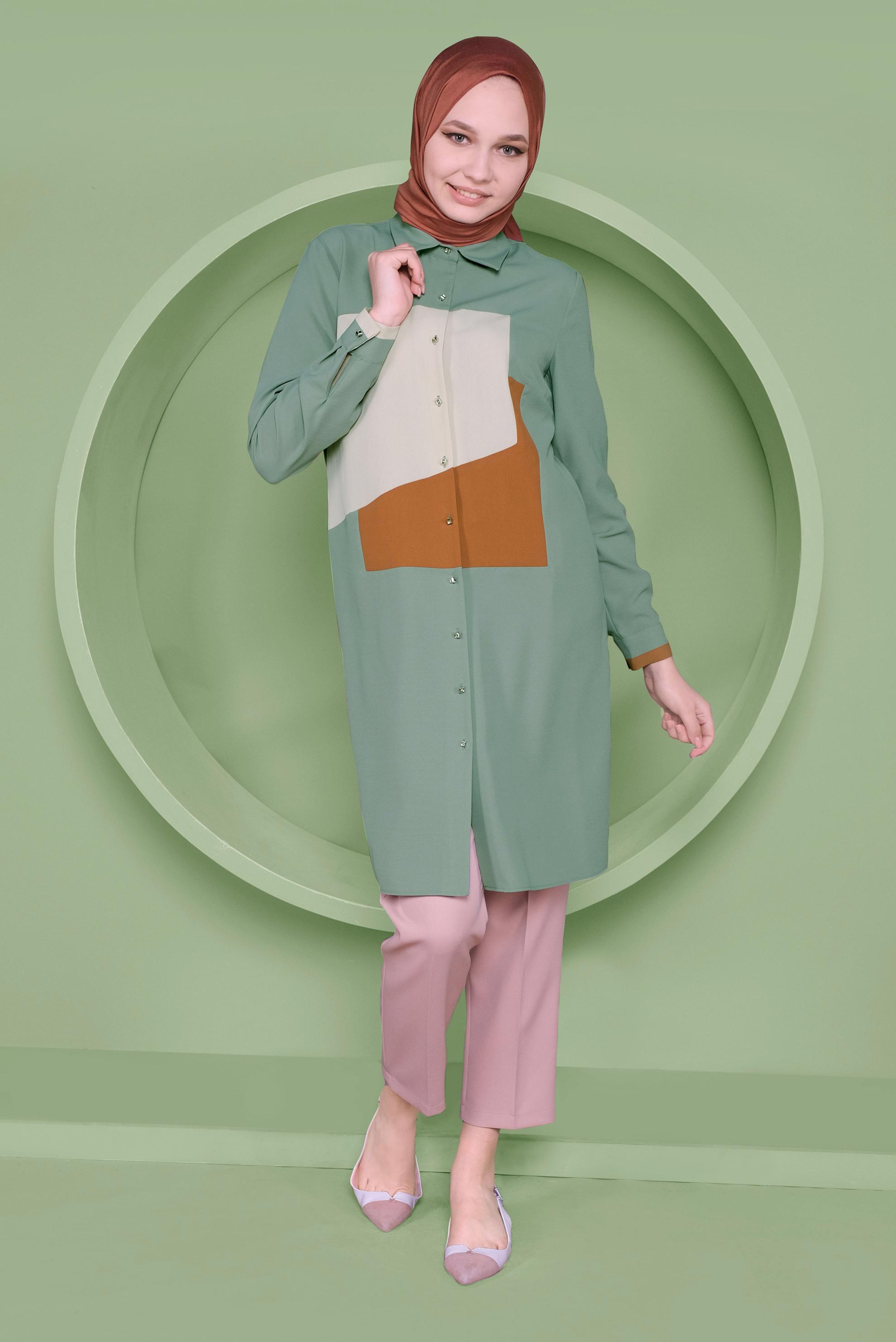 Tesettür giyim YEŞİL ÜÇ RENK KOMBİNLİ TUNİK  41397 