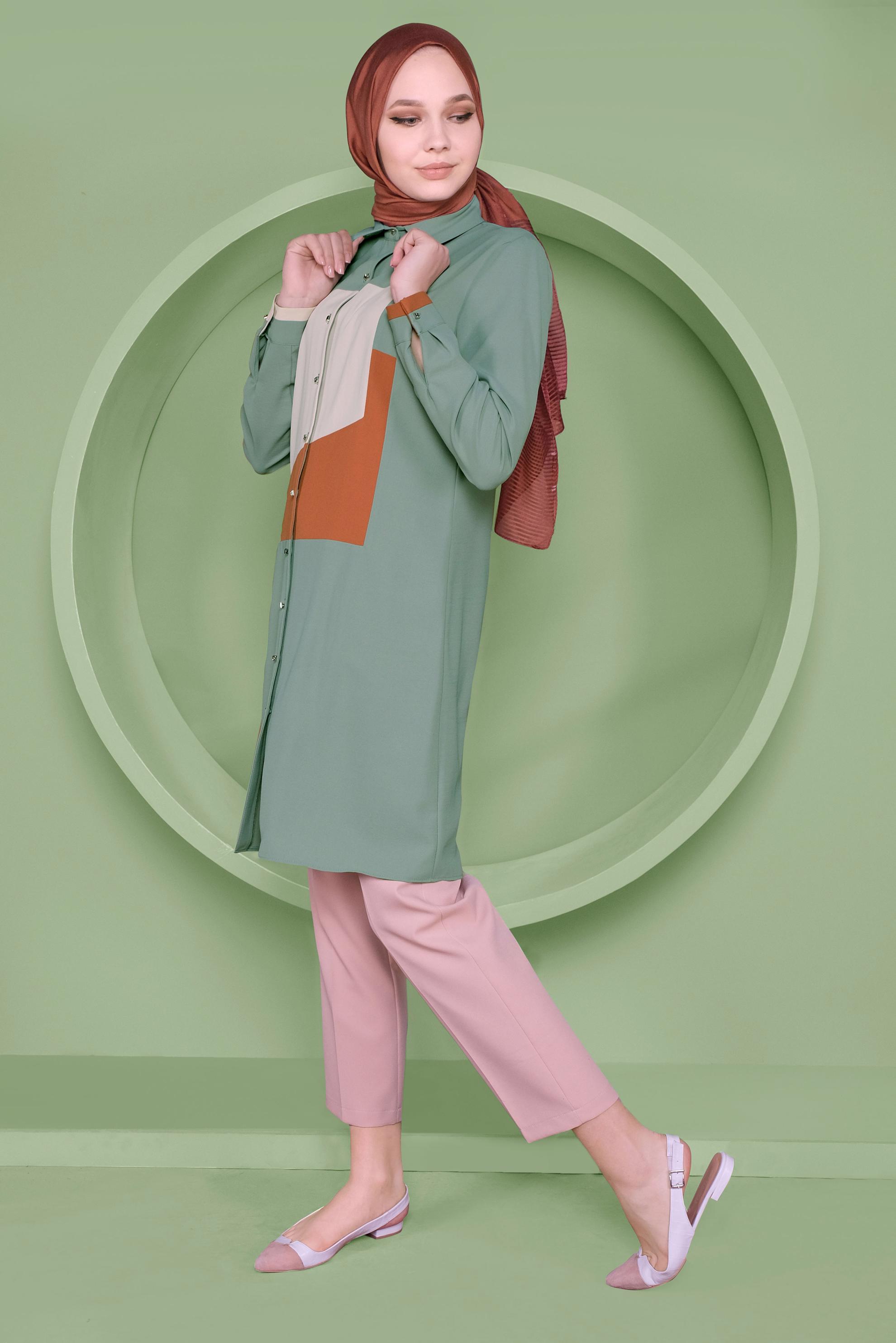 Tesettür giyim YEŞİL ÜÇ RENK KOMBİNLİ TUNİK  41397 