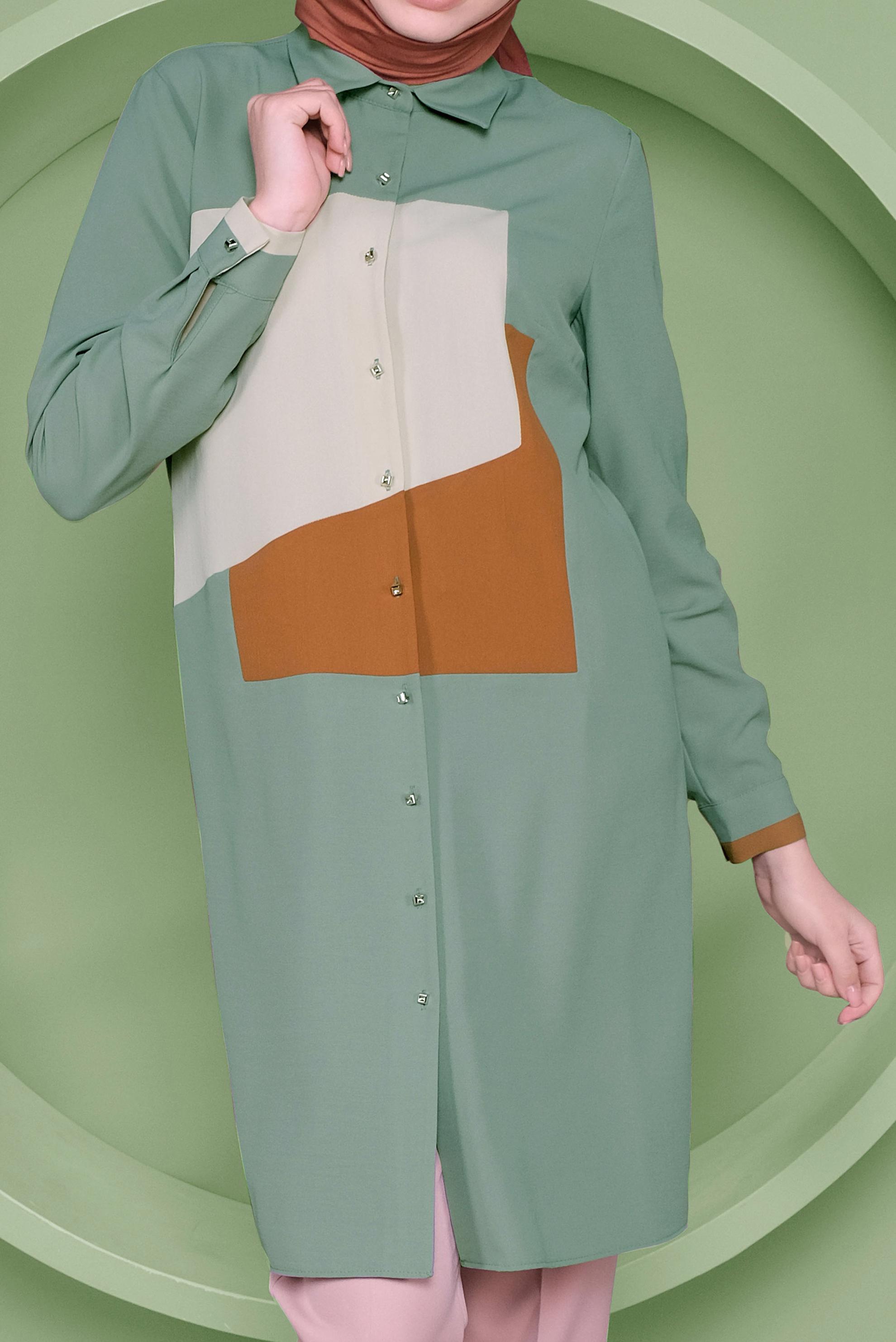 Tesettür giyim YEŞİL ÜÇ RENK KOMBİNLİ TUNİK  41397 