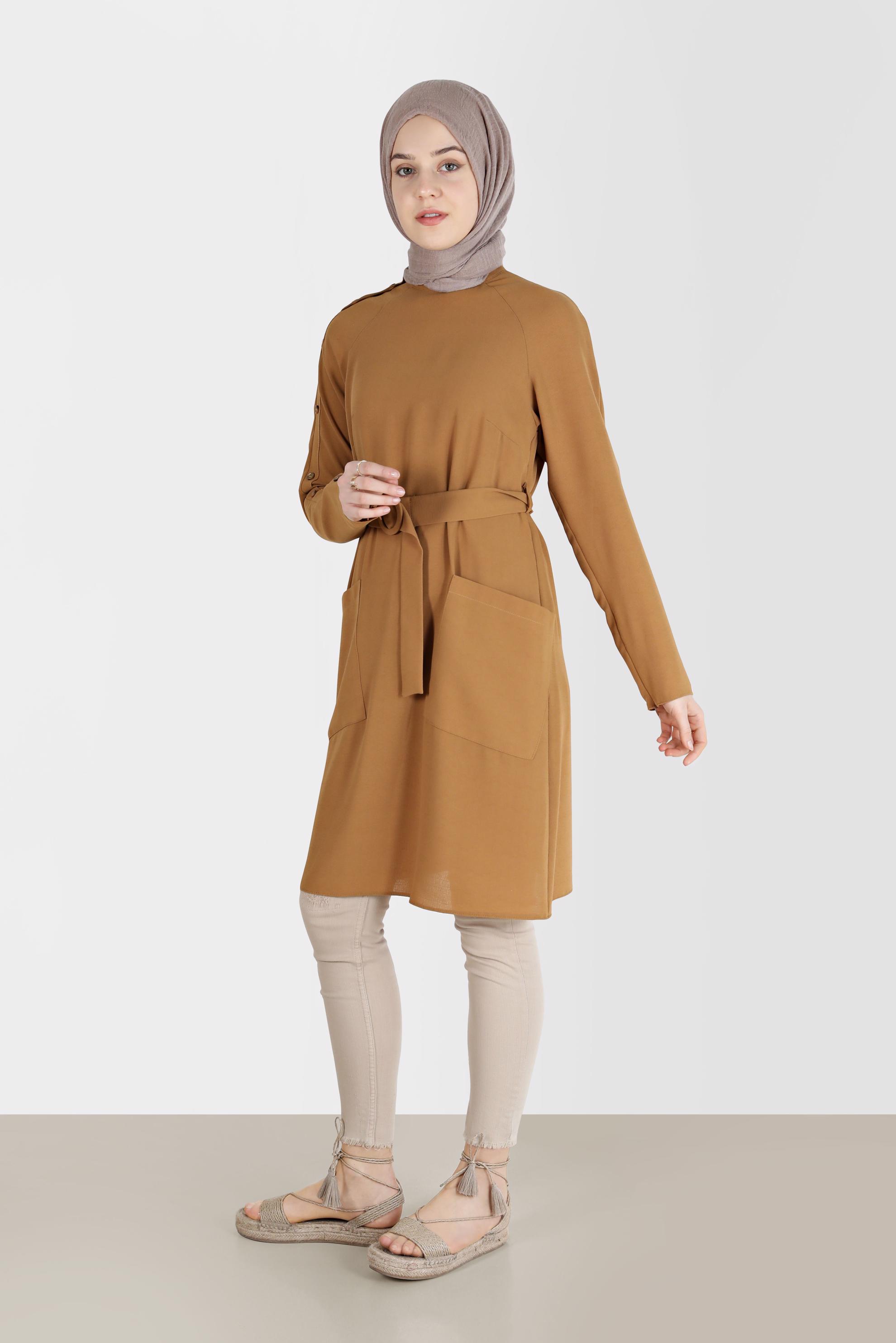 Tesettür giyim SARI KOLU DÜĞME DETAYLI CEPLİ KUŞAKLI TUNİK 41398