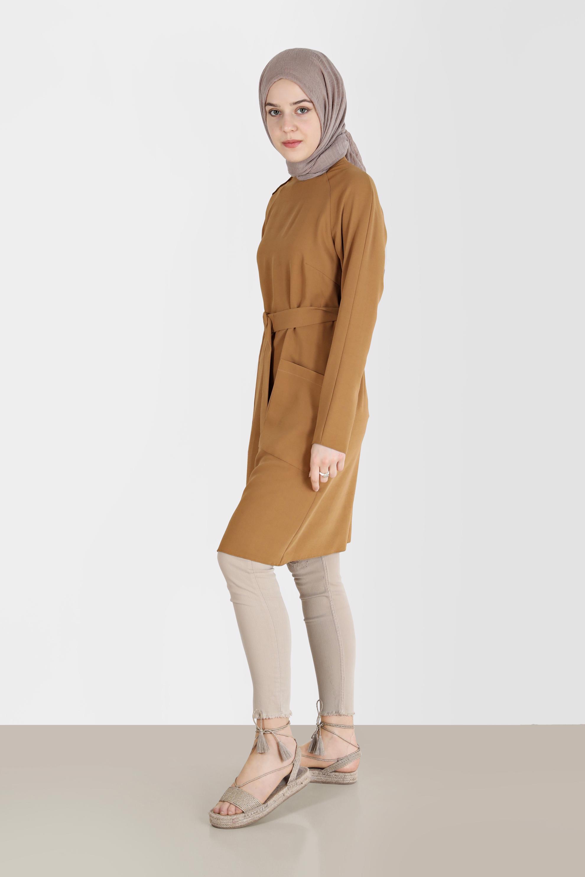 Tesettür giyim SARI KOLU DÜĞME DETAYLI CEPLİ KUŞAKLI TUNİK 41398