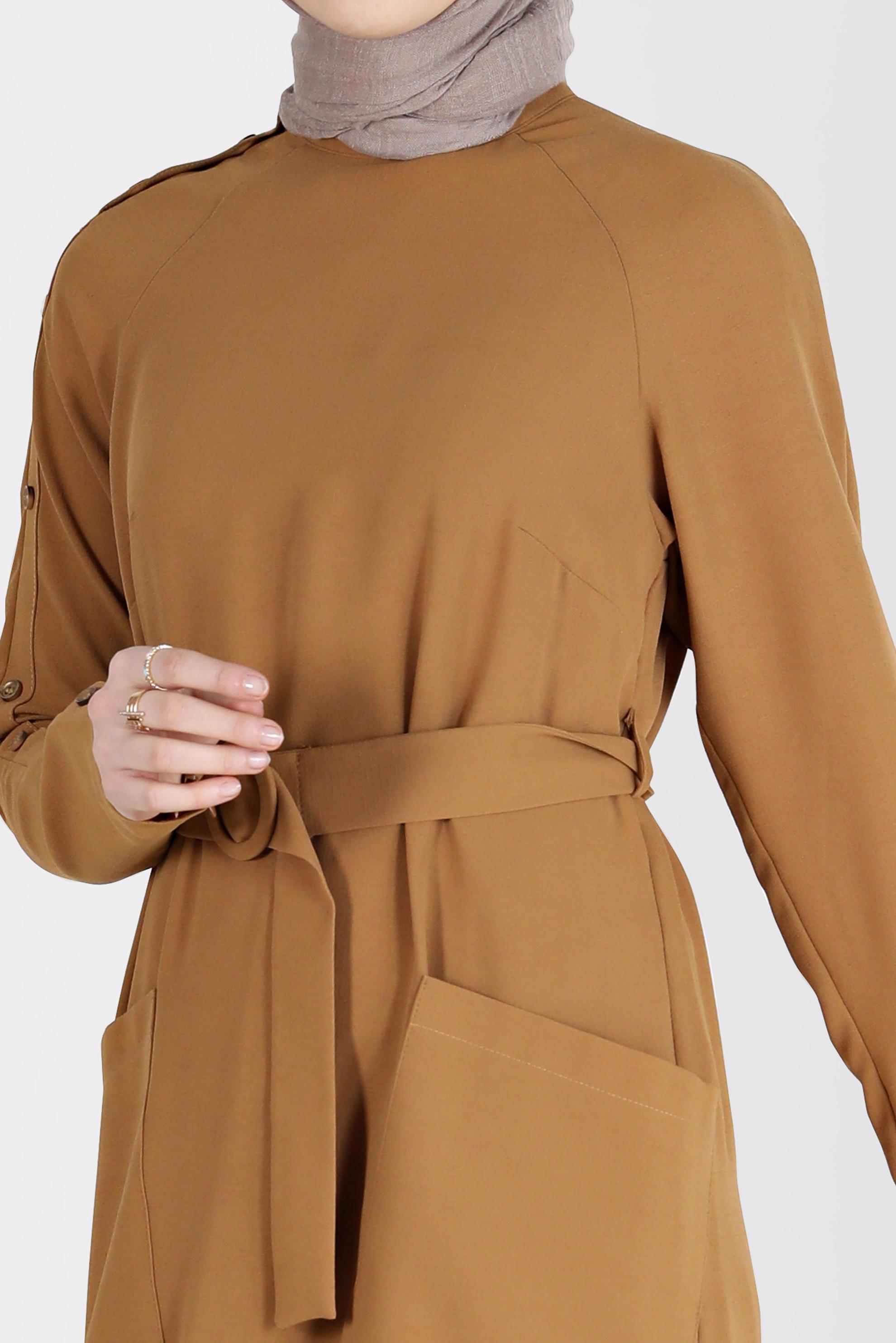 Tesettür giyim SARI KOLU DÜĞME DETAYLI CEPLİ KUŞAKLI TUNİK 41398