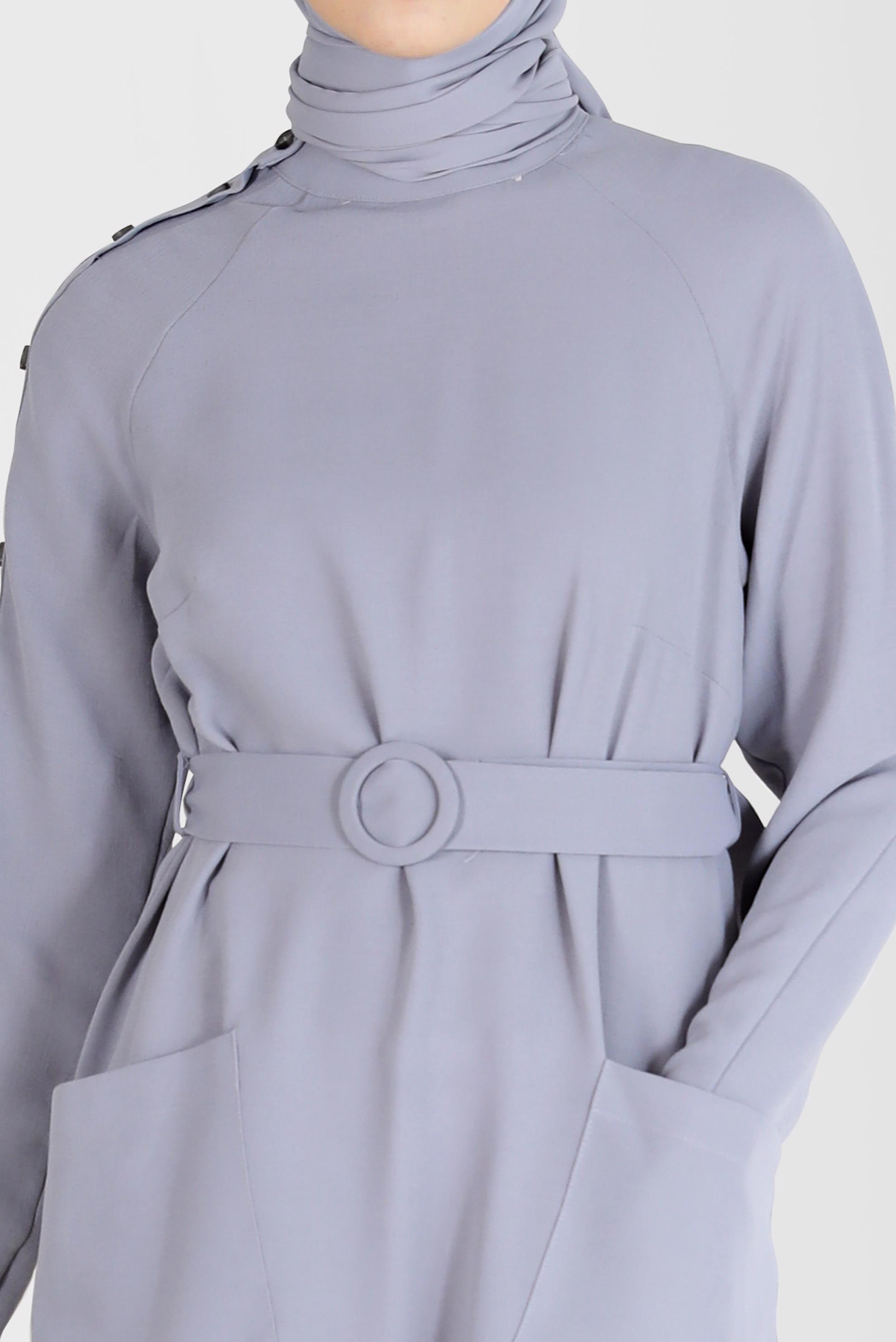 Tesettür giyim GRİ KOLU DÜĞME DETAYLI CEPLİ KUŞAKLI TUNİK 41398