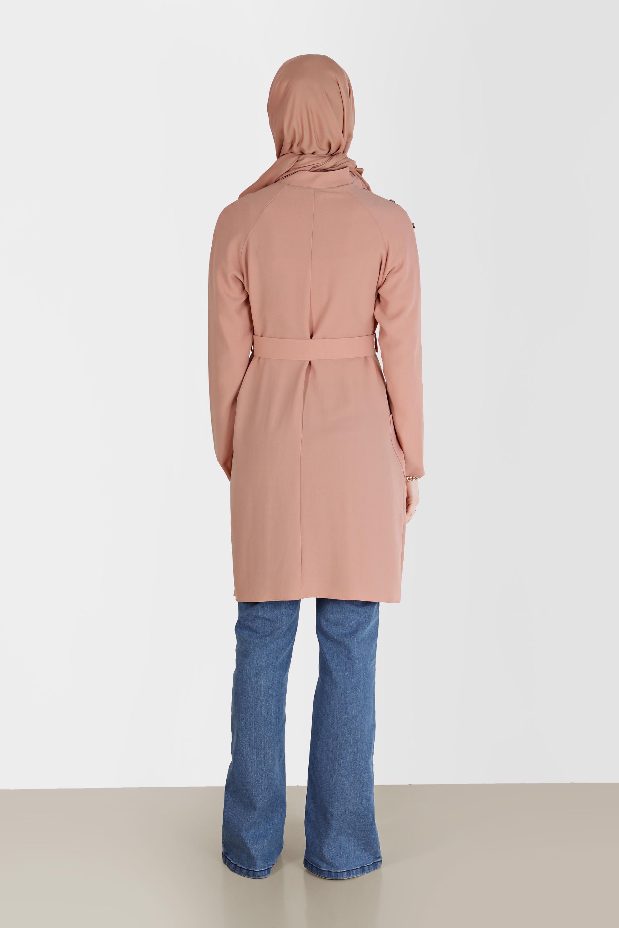 Tesettür giyim PUDRA KOLU DÜĞME DETAYLI CEPLİ KUŞAKLI TUNİK 41398