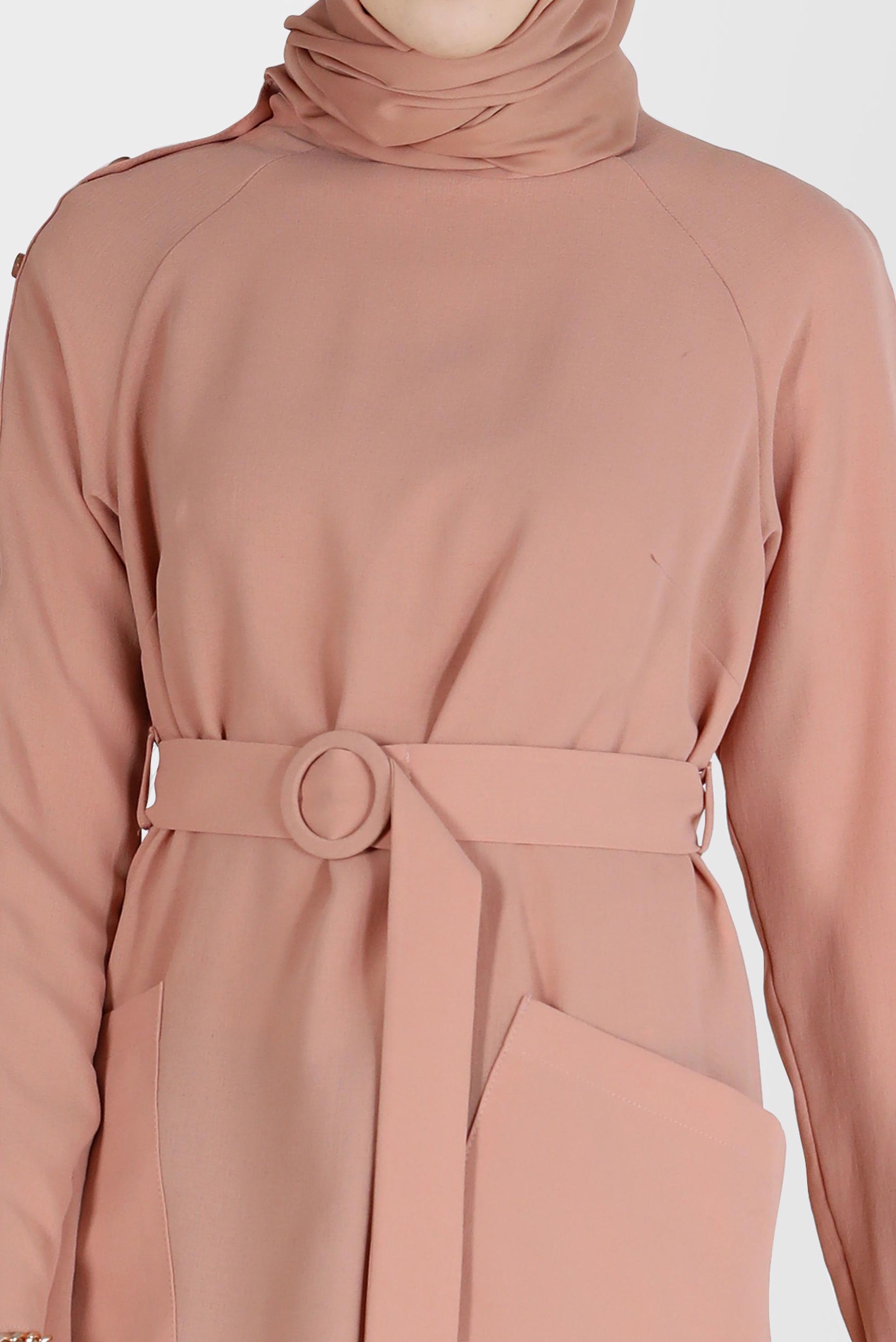 Tesettür giyim PUDRA KOLU DÜĞME DETAYLI CEPLİ KUŞAKLI TUNİK 41398