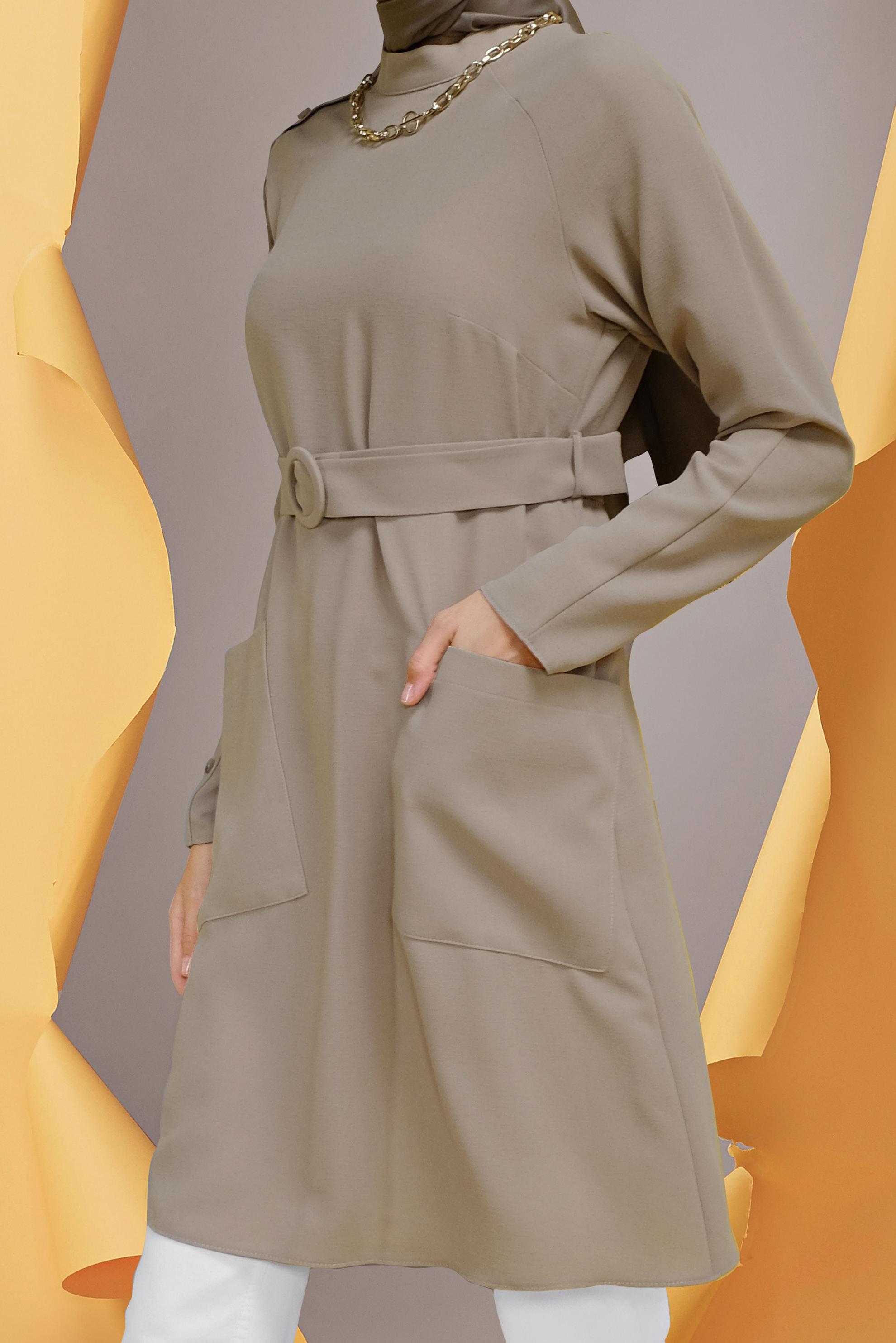 Tesettür giyim VİZON KOLU DÜĞME DETAYLI CEPLİ KUŞAKLI TUNİK 41398