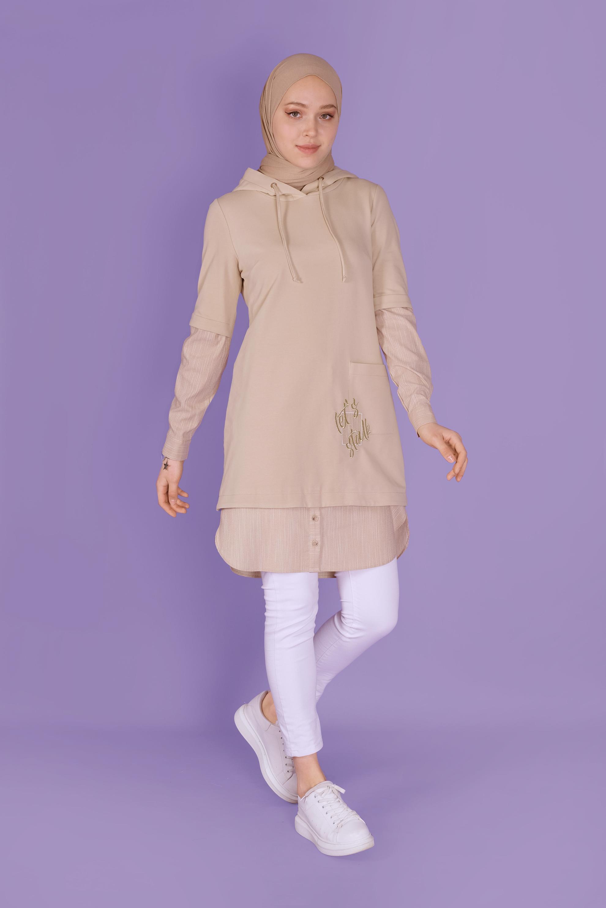 Tesettür giyim BEJ 2 PARÇA GÖRÜNÜMLÜ TUNİK 41399 