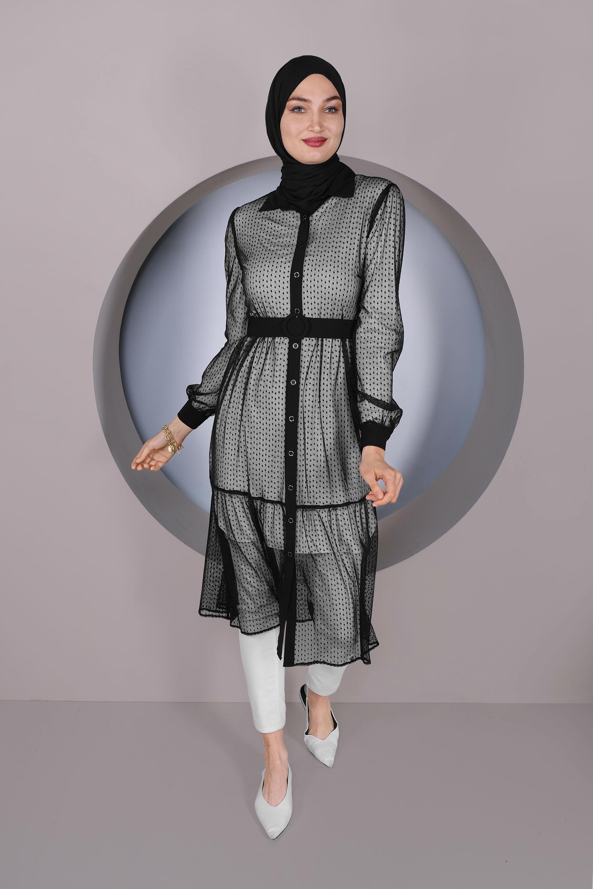 Tesettür giyim SİYAH BOYDAN DÜĞMELİ TÜL TUNİK 41400