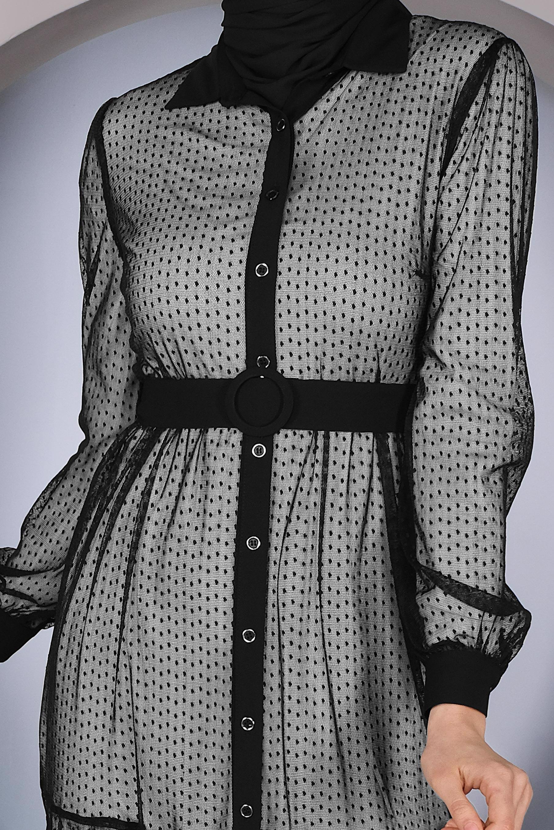 Tesettür giyim SİYAH BOYDAN DÜĞMELİ TÜL TUNİK 41400