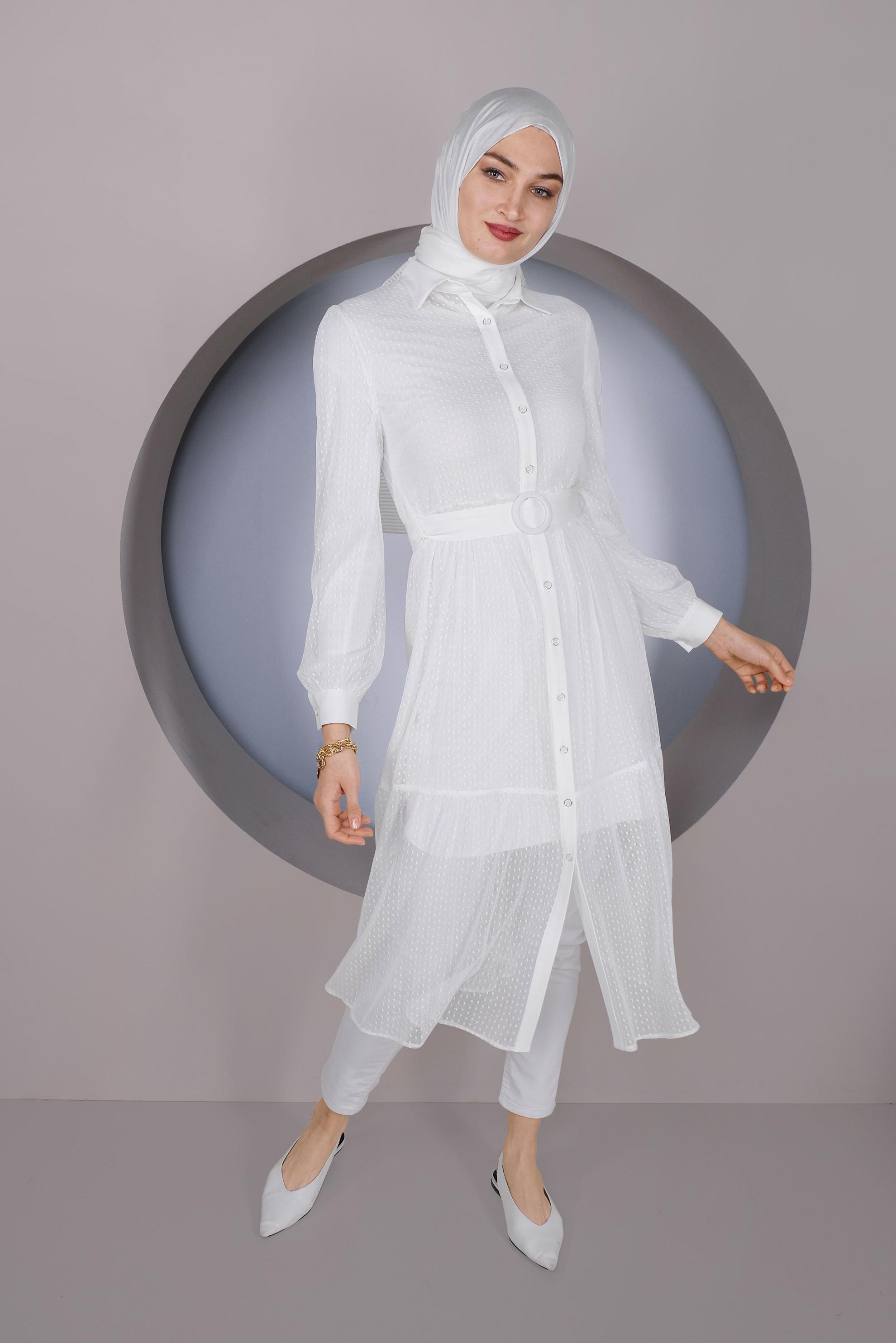Tesettür giyim BEYAZ BOYDAN DÜĞMELİ TÜL TUNİK 41400
