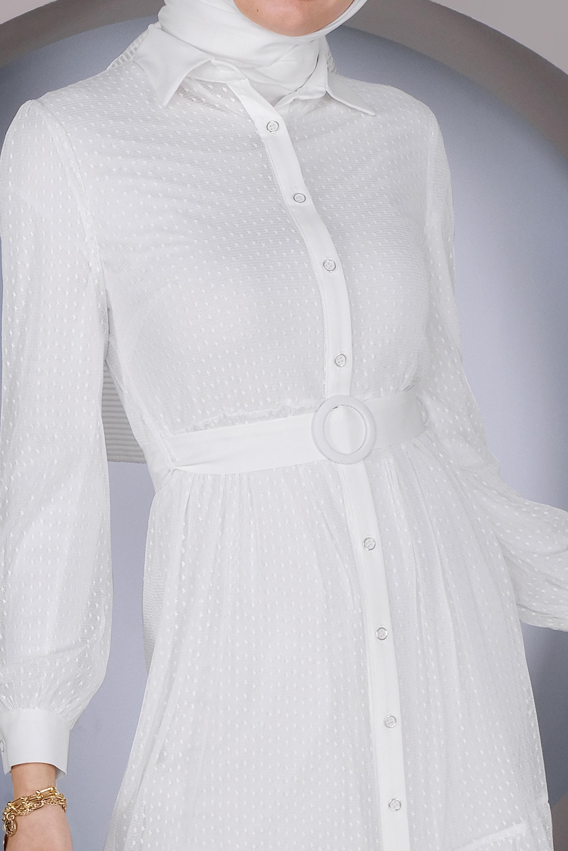 Tesettür giyim BEYAZ BOYDAN DÜĞMELİ TÜL TUNİK 41400