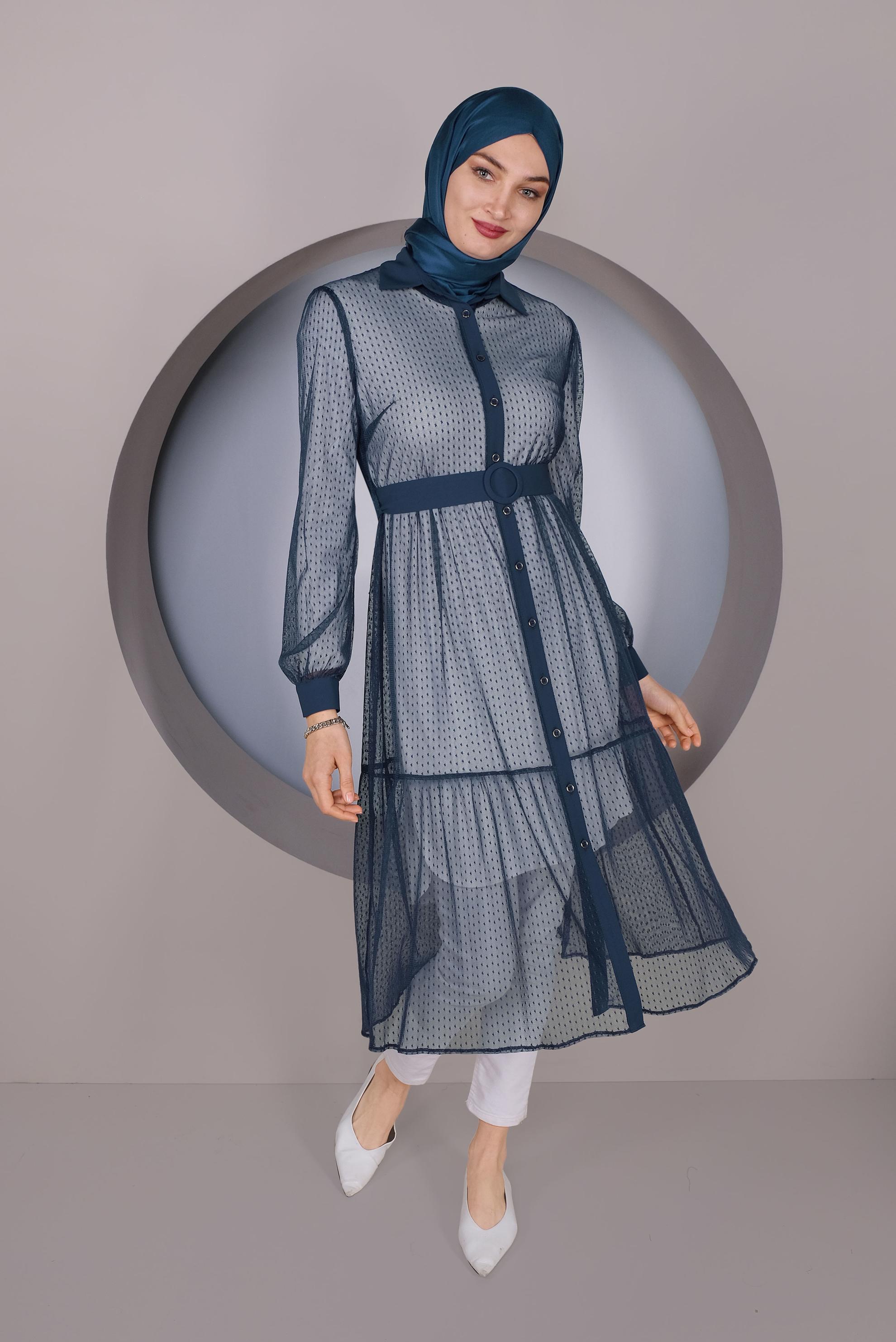 Tesettür giyim LACİVERT BOYDAN DÜĞMELİ TÜL TUNİK 41400