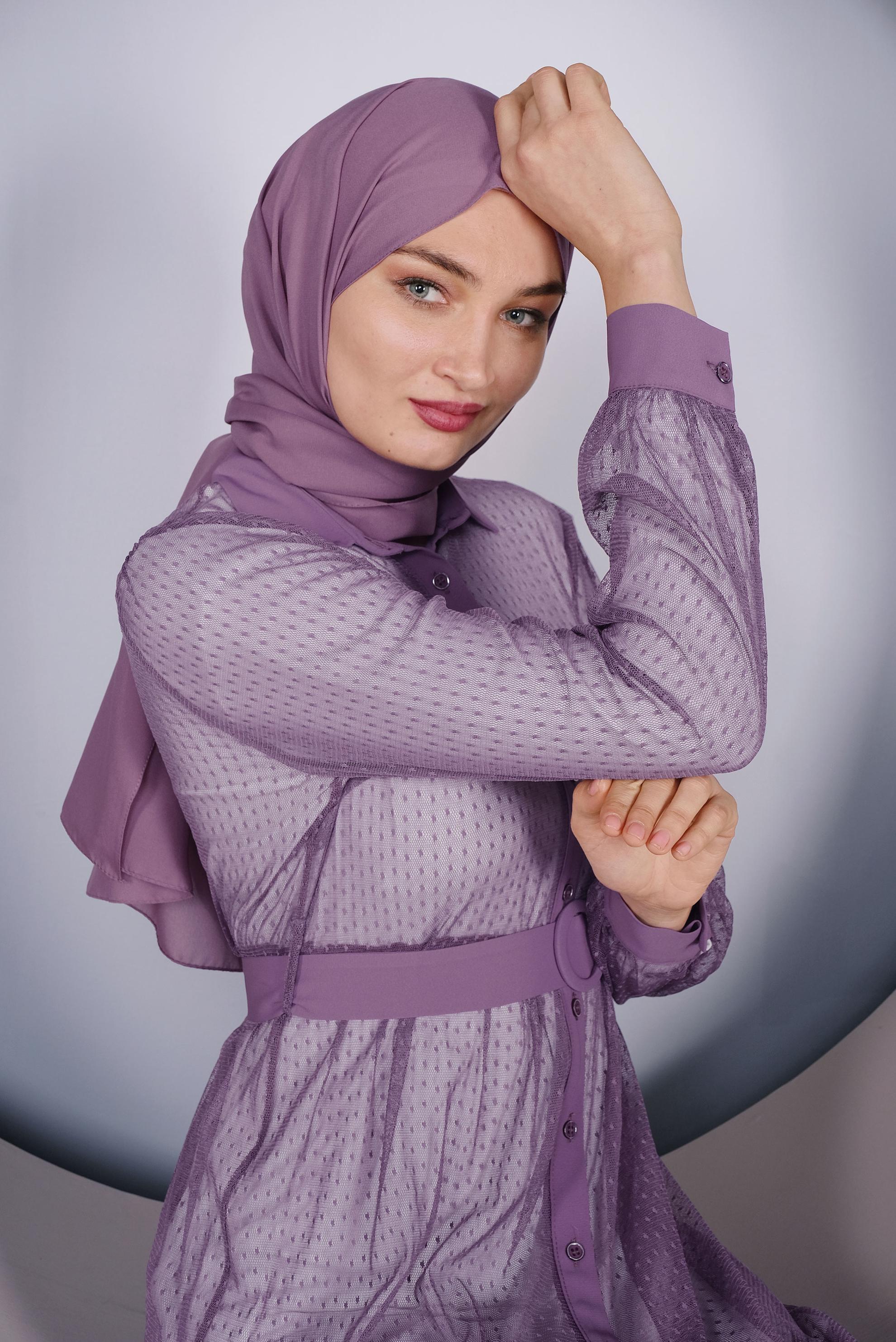 Tesettür giyim MOR BOYDAN DÜĞMELİ TÜL TUNİK 41400