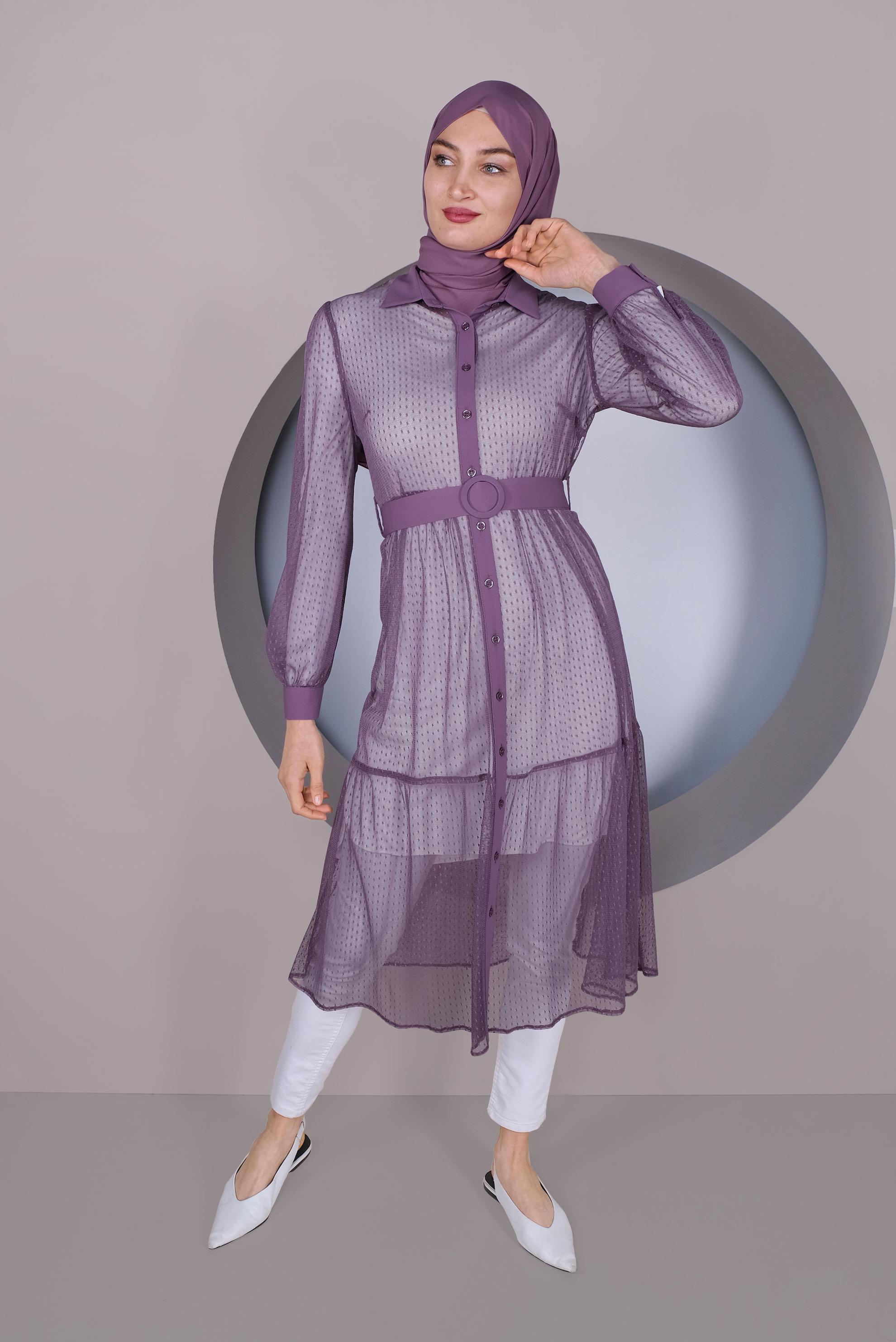 Tesettür giyim MOR BOYDAN DÜĞMELİ TÜL TUNİK 41400