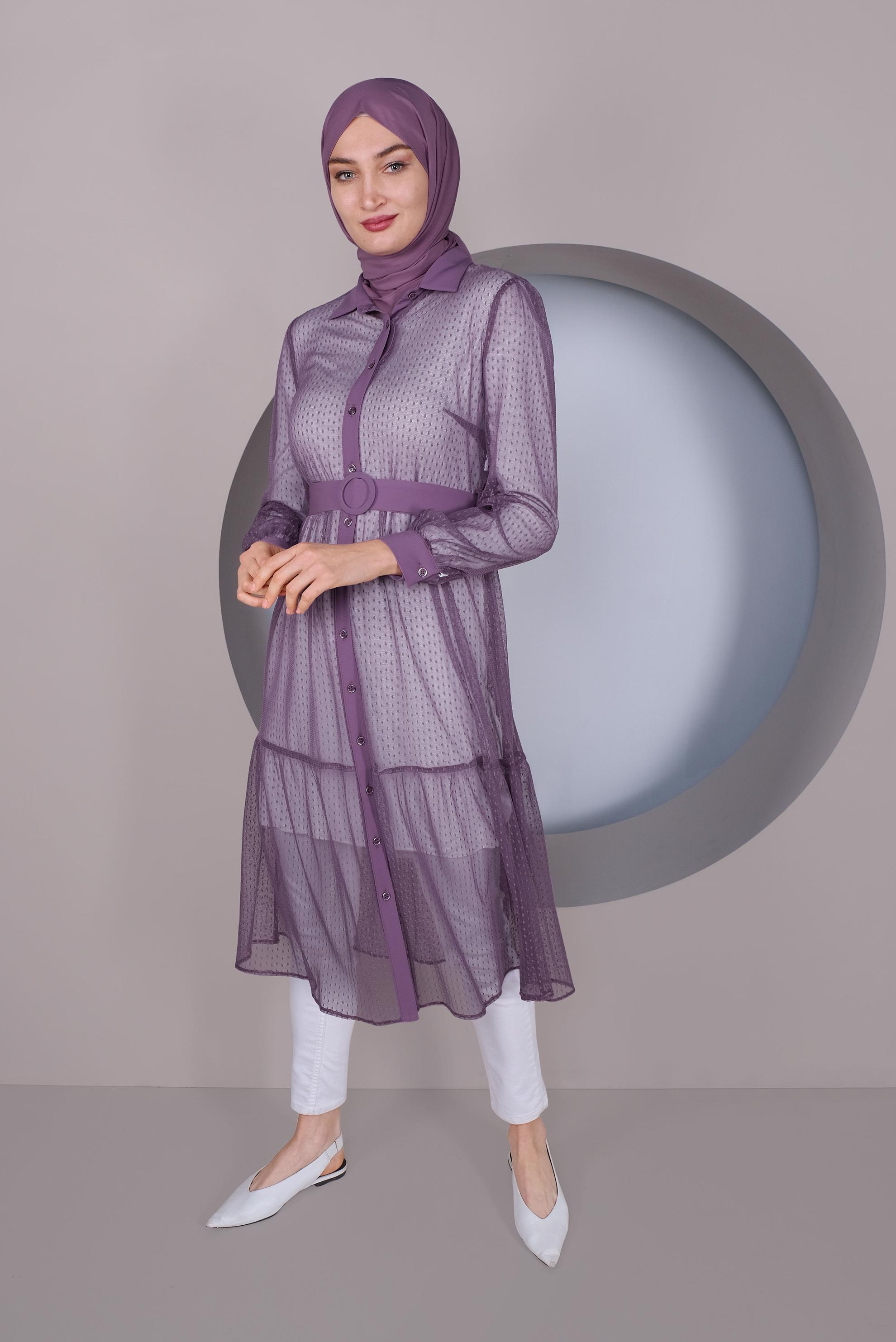 Tesettür giyim MOR BOYDAN DÜĞMELİ TÜL TUNİK 41400