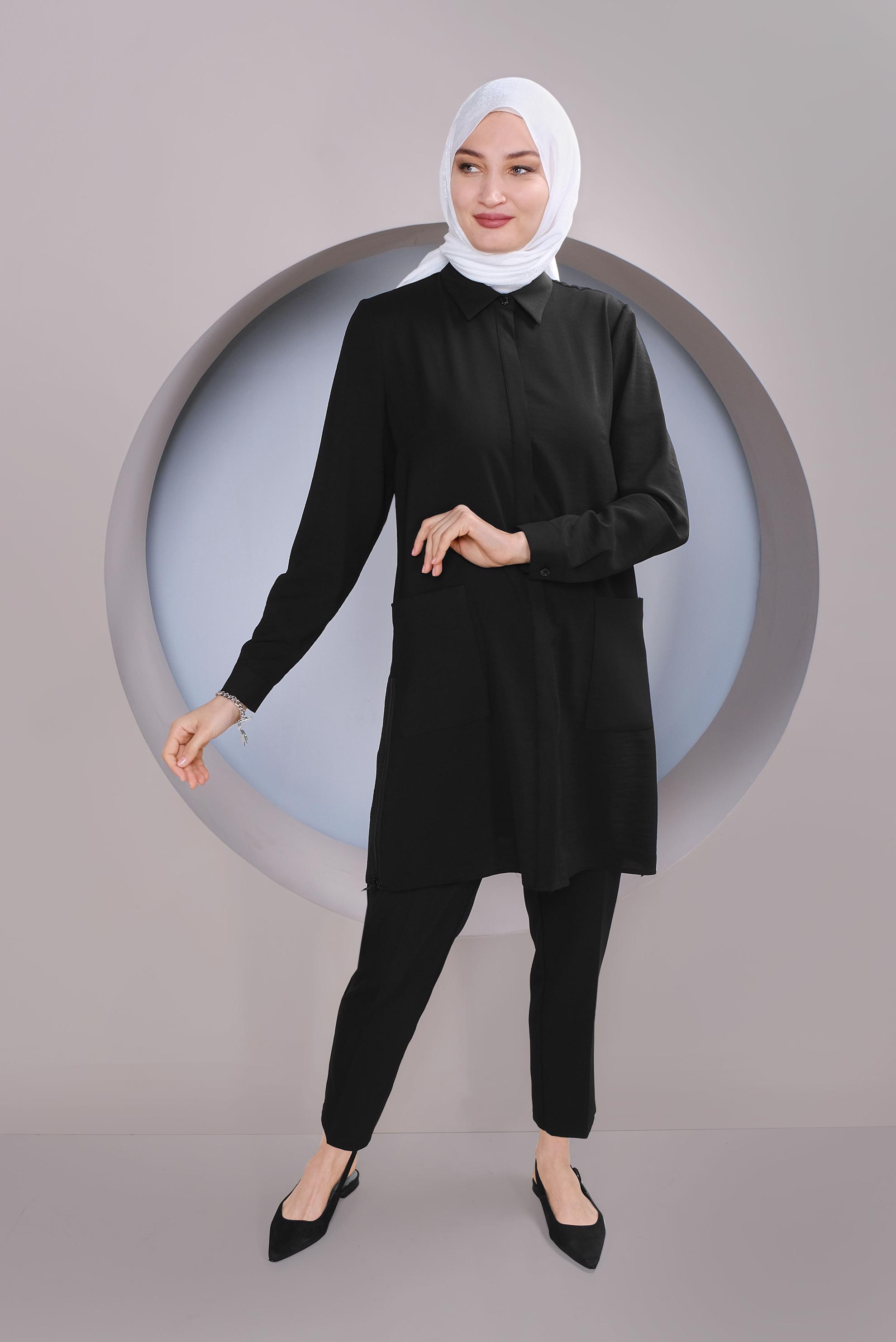 Tesettür giyim SİYAH CEPLİ KLASİK TUNİK 41418