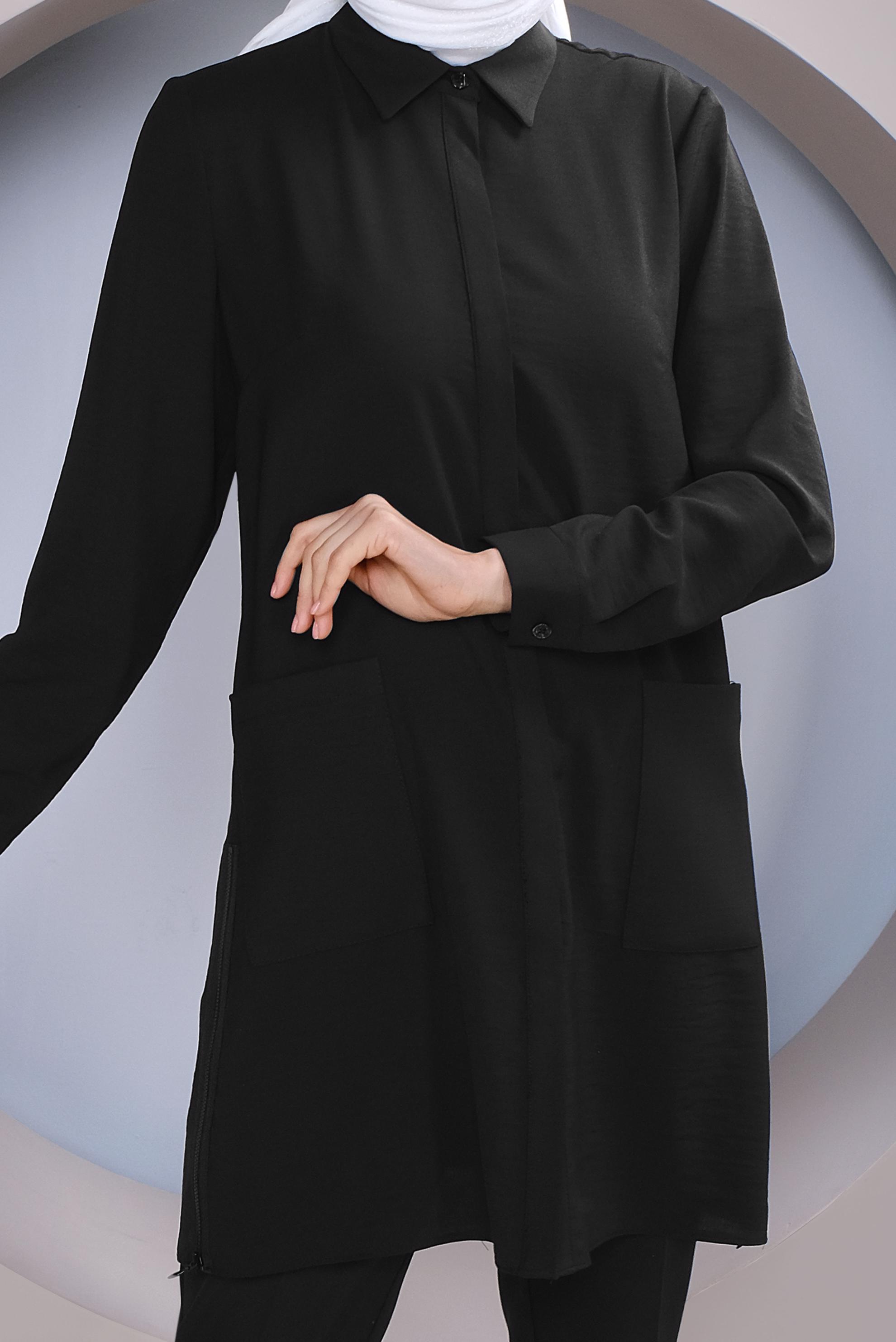 Tesettür giyim SİYAH CEPLİ KLASİK TUNİK 41418