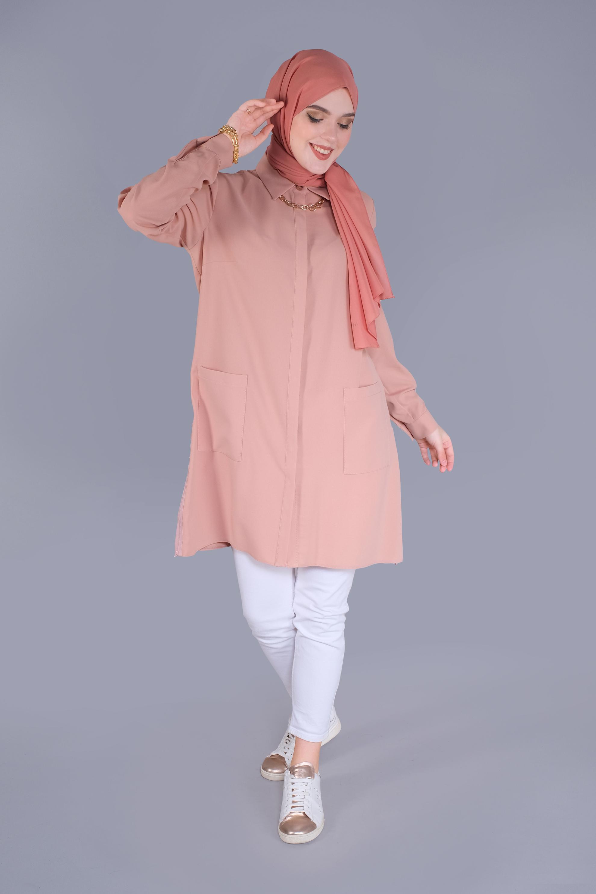 Tesettür giyim PUDRA CEPLİ KLASİK TUNİK 41418