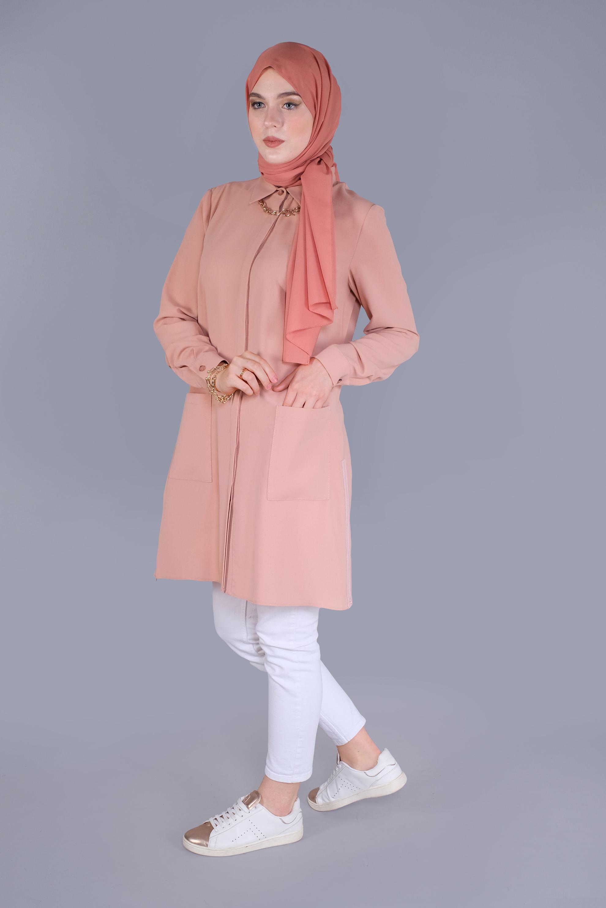 Tesettür giyim PUDRA CEPLİ KLASİK TUNİK 41418