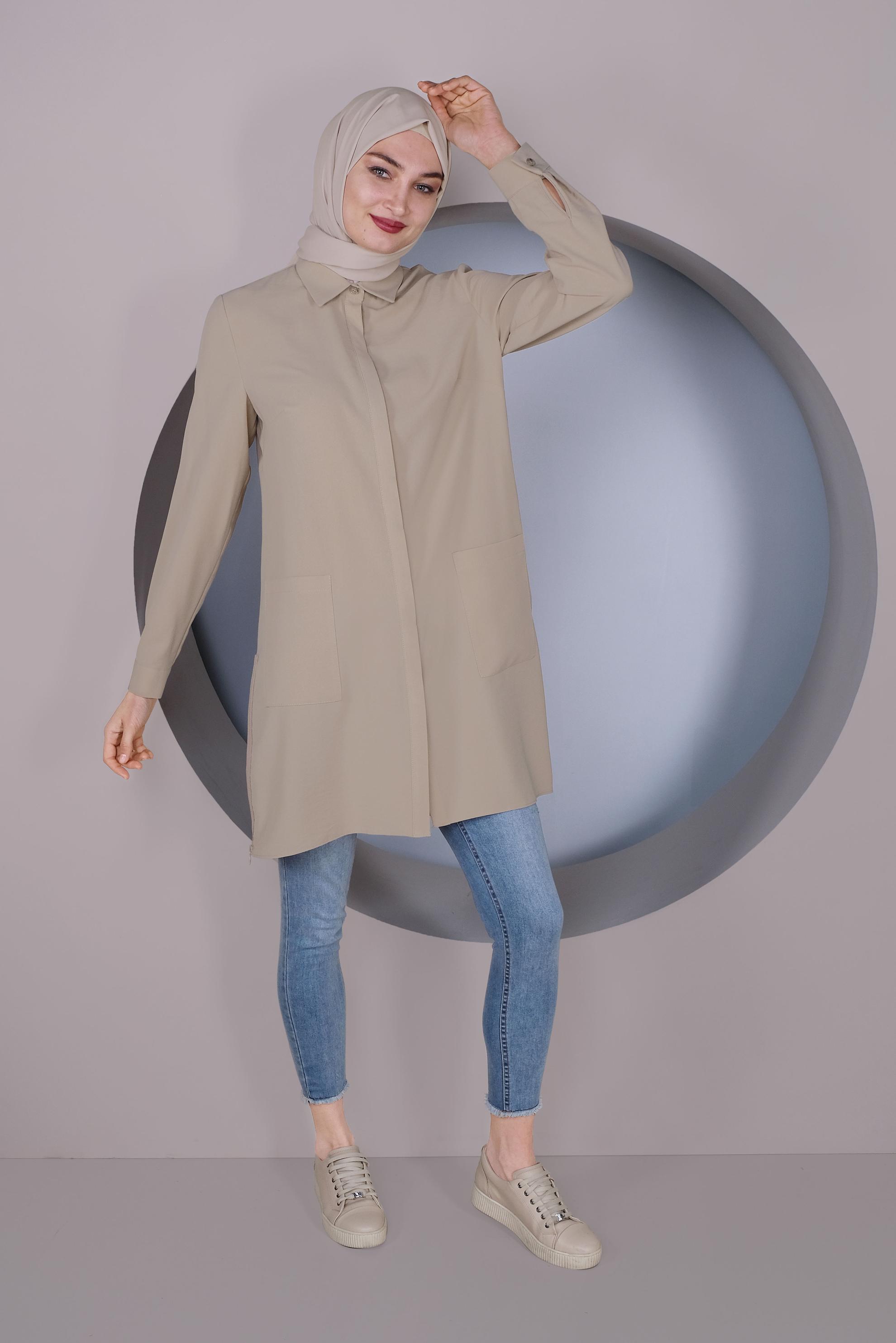 Tesettür giyim BEJ CEPLİ KLASİK TUNİK 41418