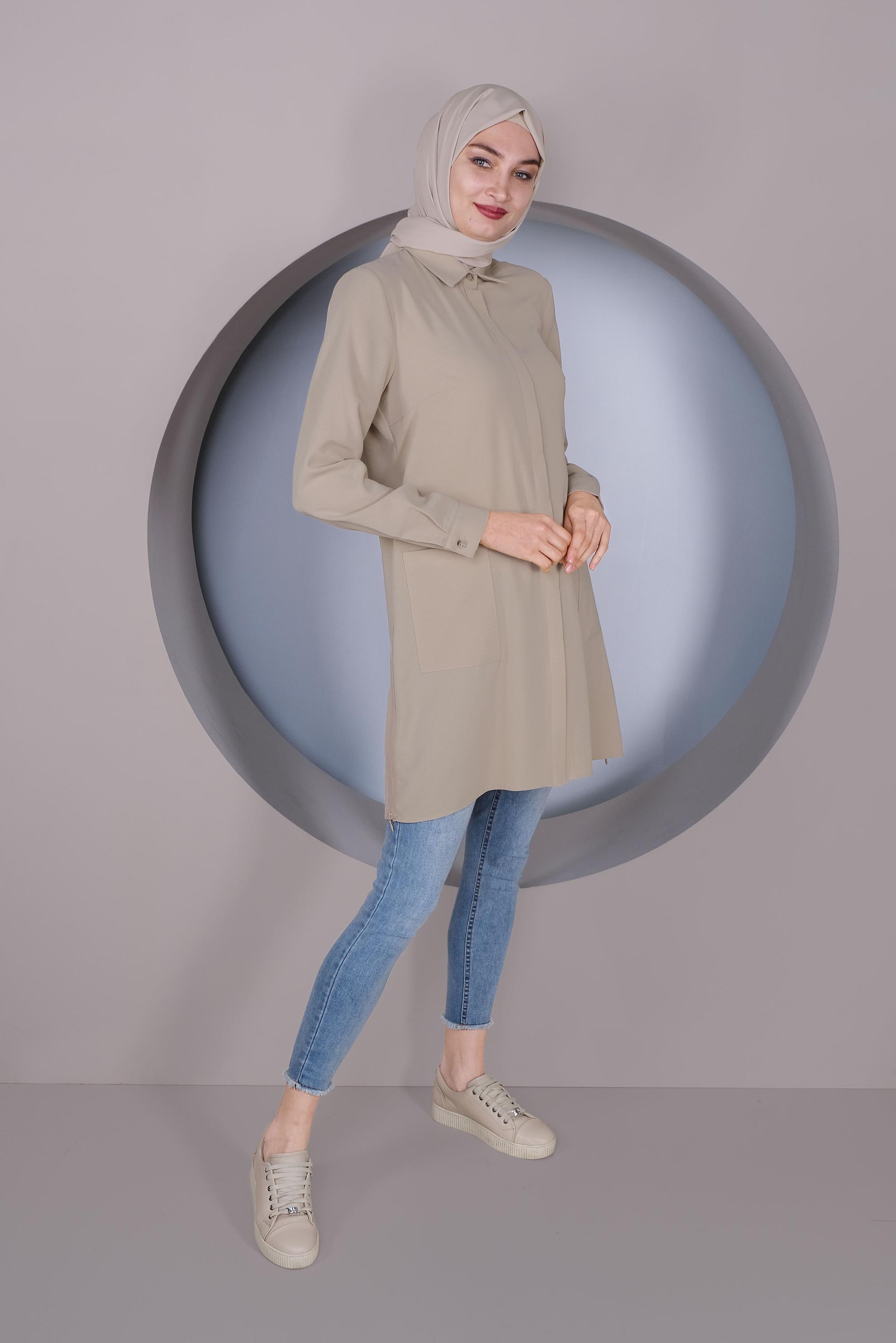 Tesettür giyim BEJ CEPLİ KLASİK TUNİK 41418