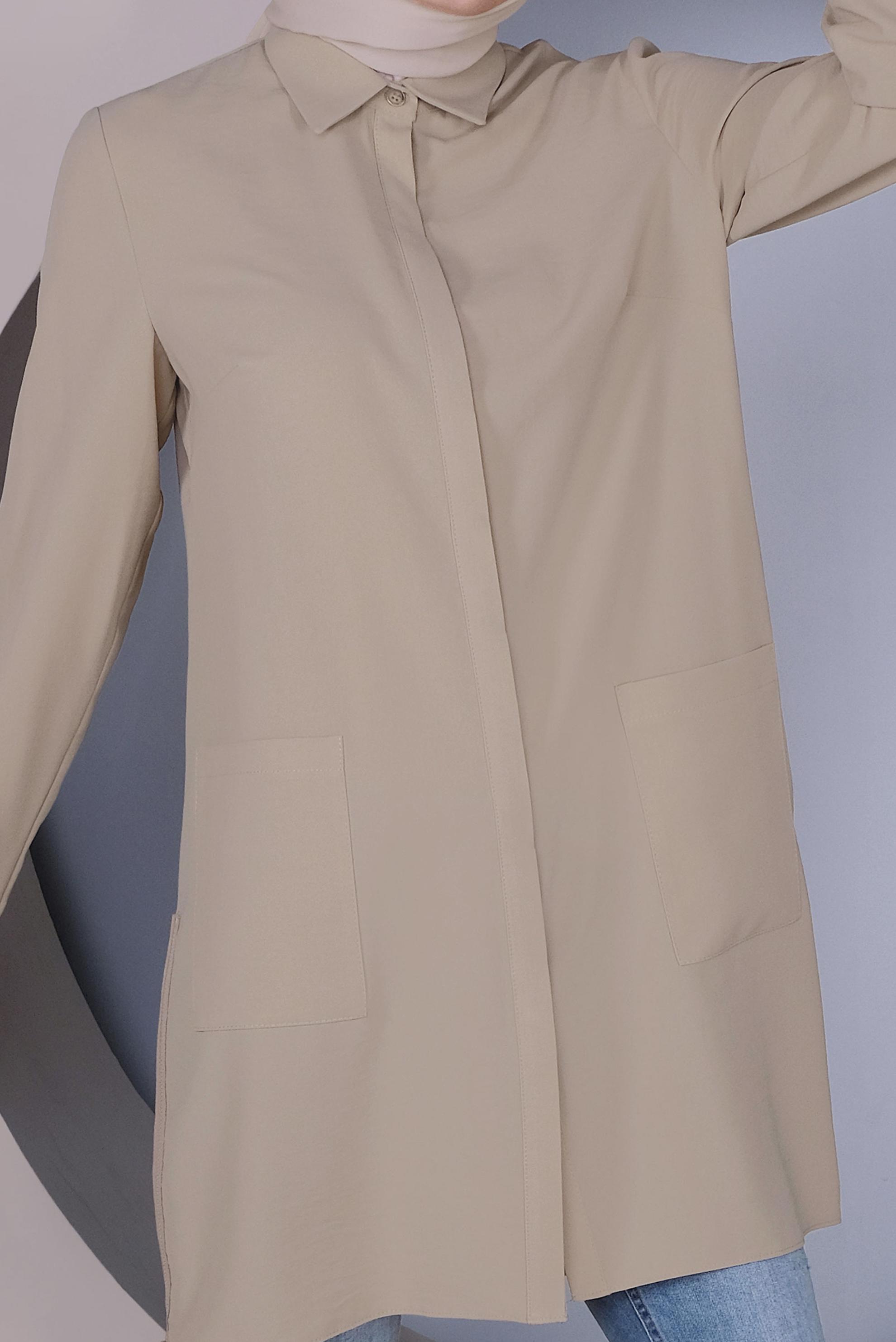 Tesettür giyim BEJ CEPLİ KLASİK TUNİK 41418