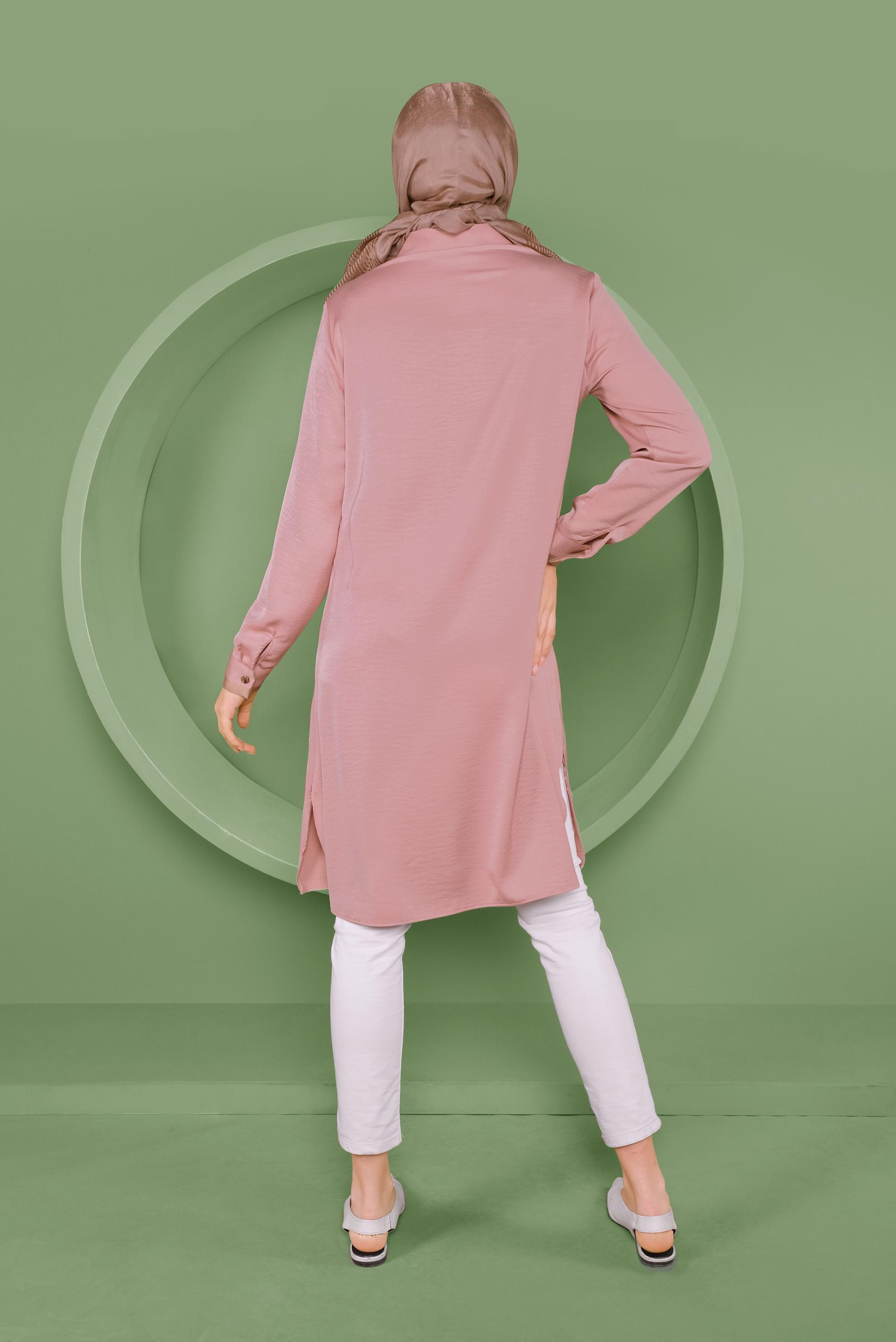 Tesettür giyim PUDRA GİZLİ DÜĞMELİ ERKEK YAKA TUNİK 41419