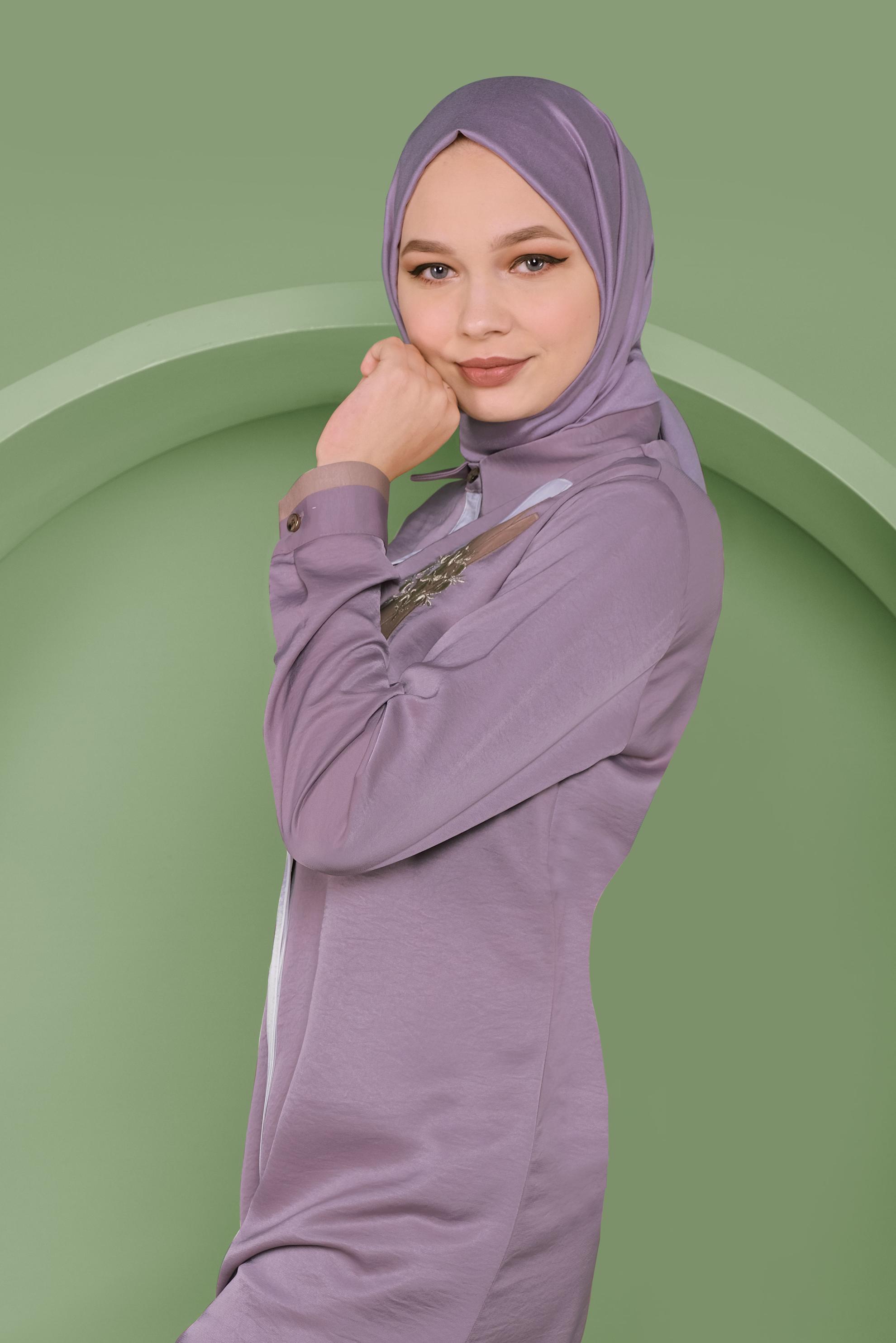 Tesettür giyim MOR GİZLİ DÜĞMELİ ERKEK YAKA TUNİK 41419