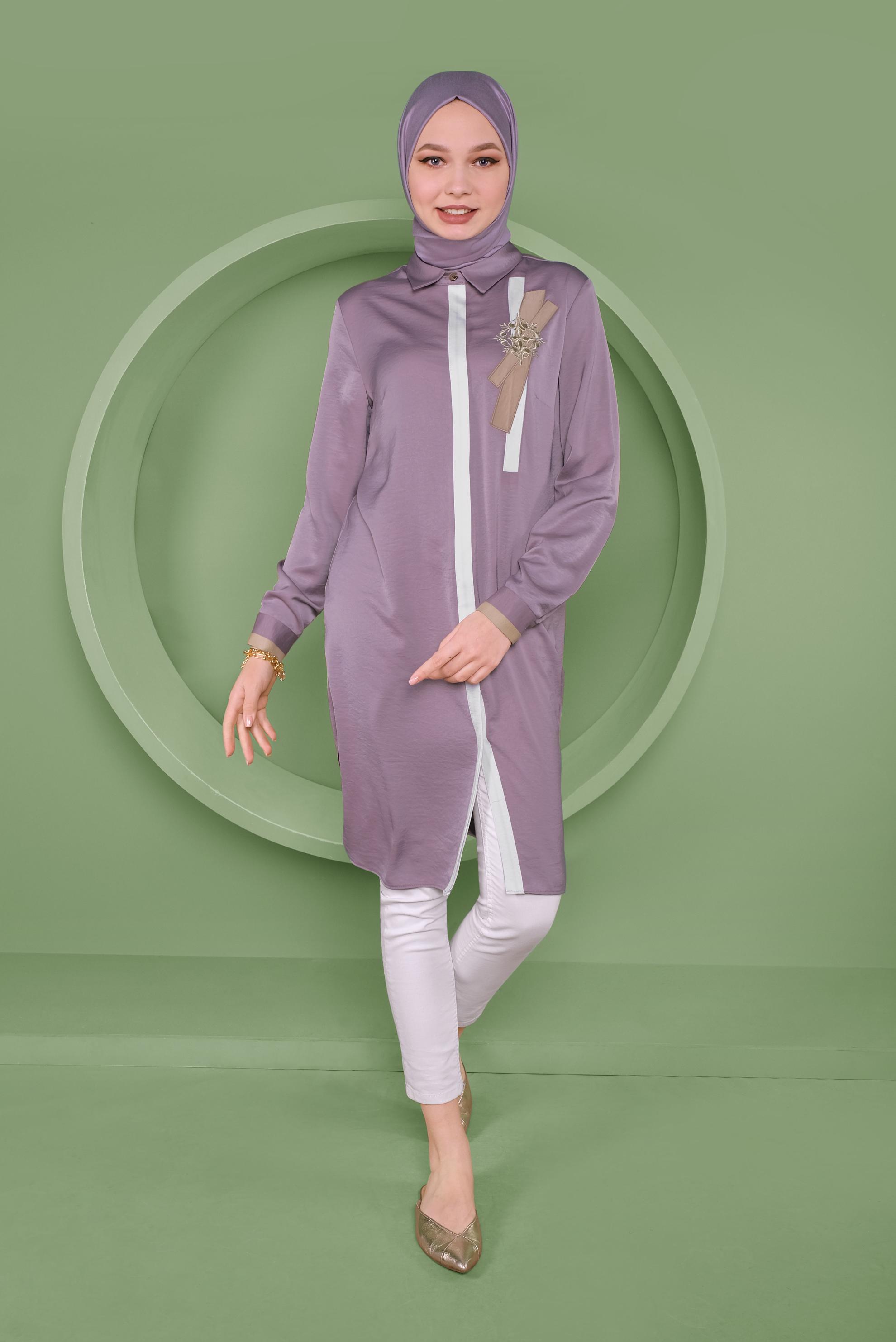 Tesettür giyim MOR GİZLİ DÜĞMELİ ERKEK YAKA TUNİK 41419