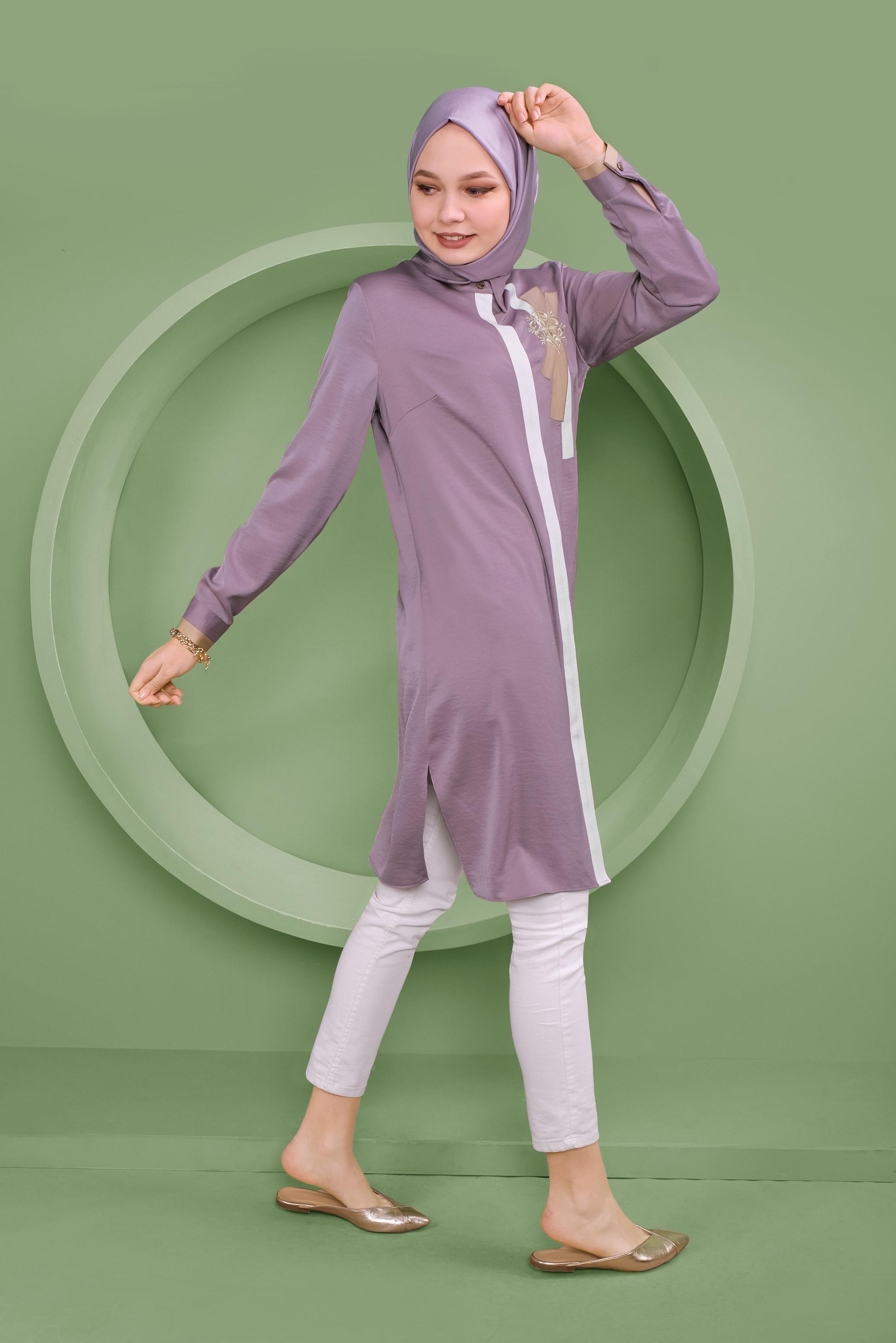 Tesettür giyim MOR GİZLİ DÜĞMELİ ERKEK YAKA TUNİK 41419