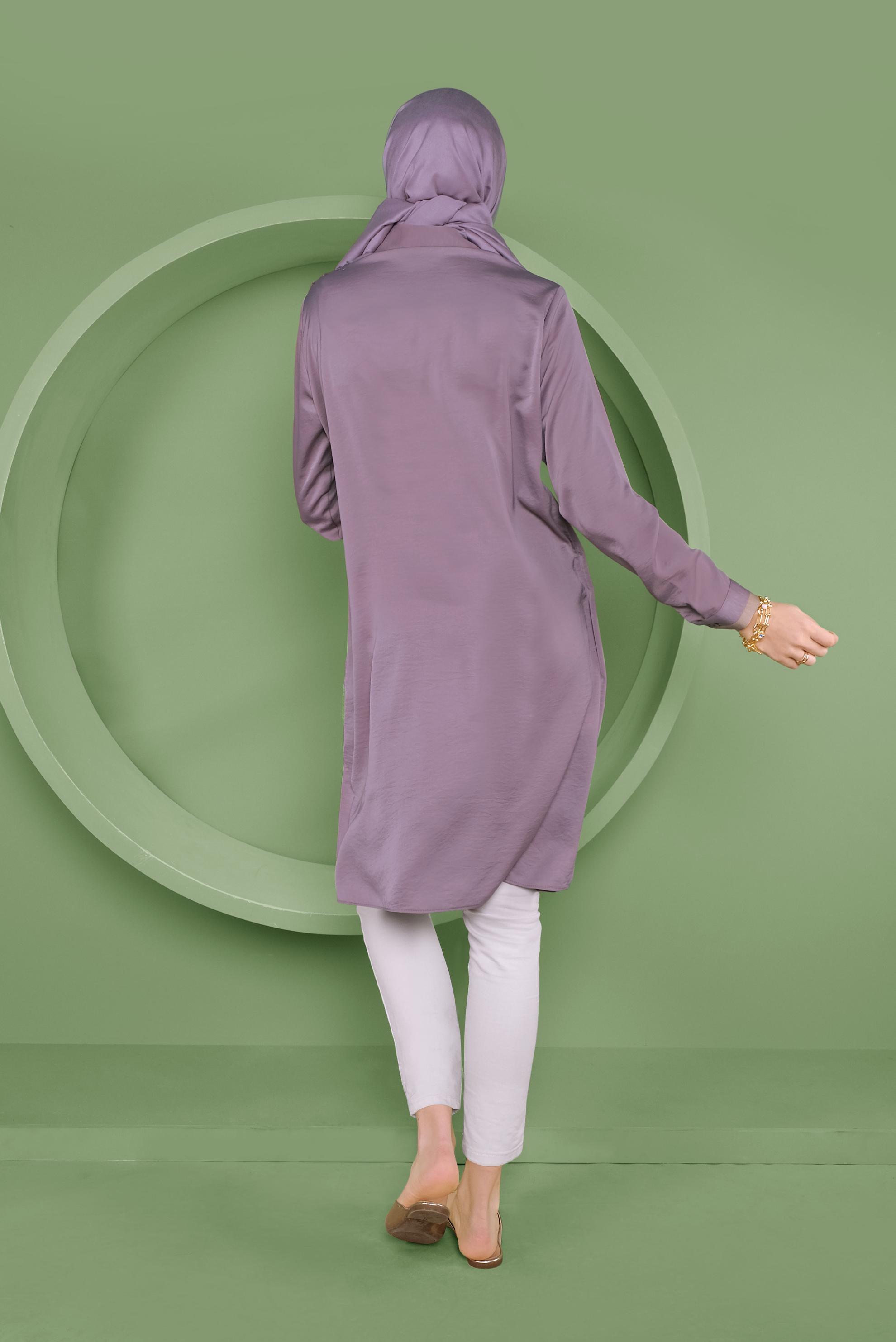 Tesettür giyim MOR GİZLİ DÜĞMELİ ERKEK YAKA TUNİK 41419