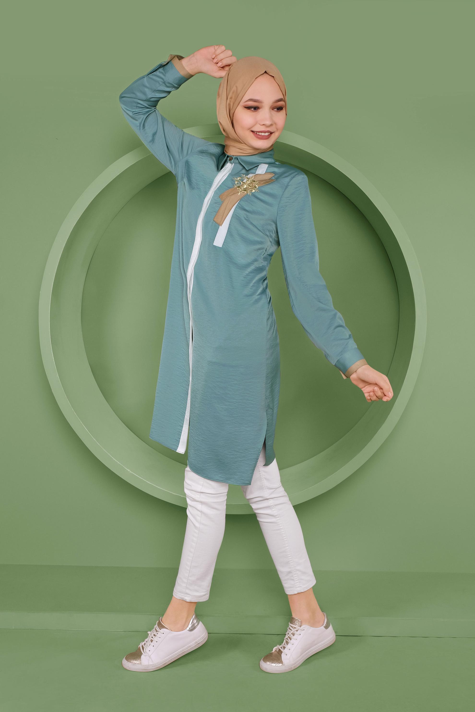 Tesettür giyim MAVİ GİZLİ DÜĞMELİ ERKEK YAKA TUNİK 41419