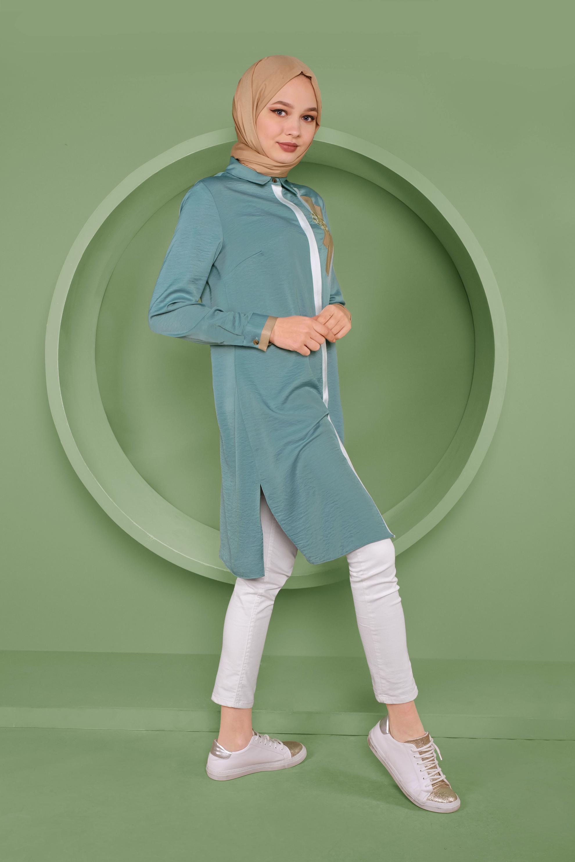 Tesettür giyim MAVİ GİZLİ DÜĞMELİ ERKEK YAKA TUNİK 41419