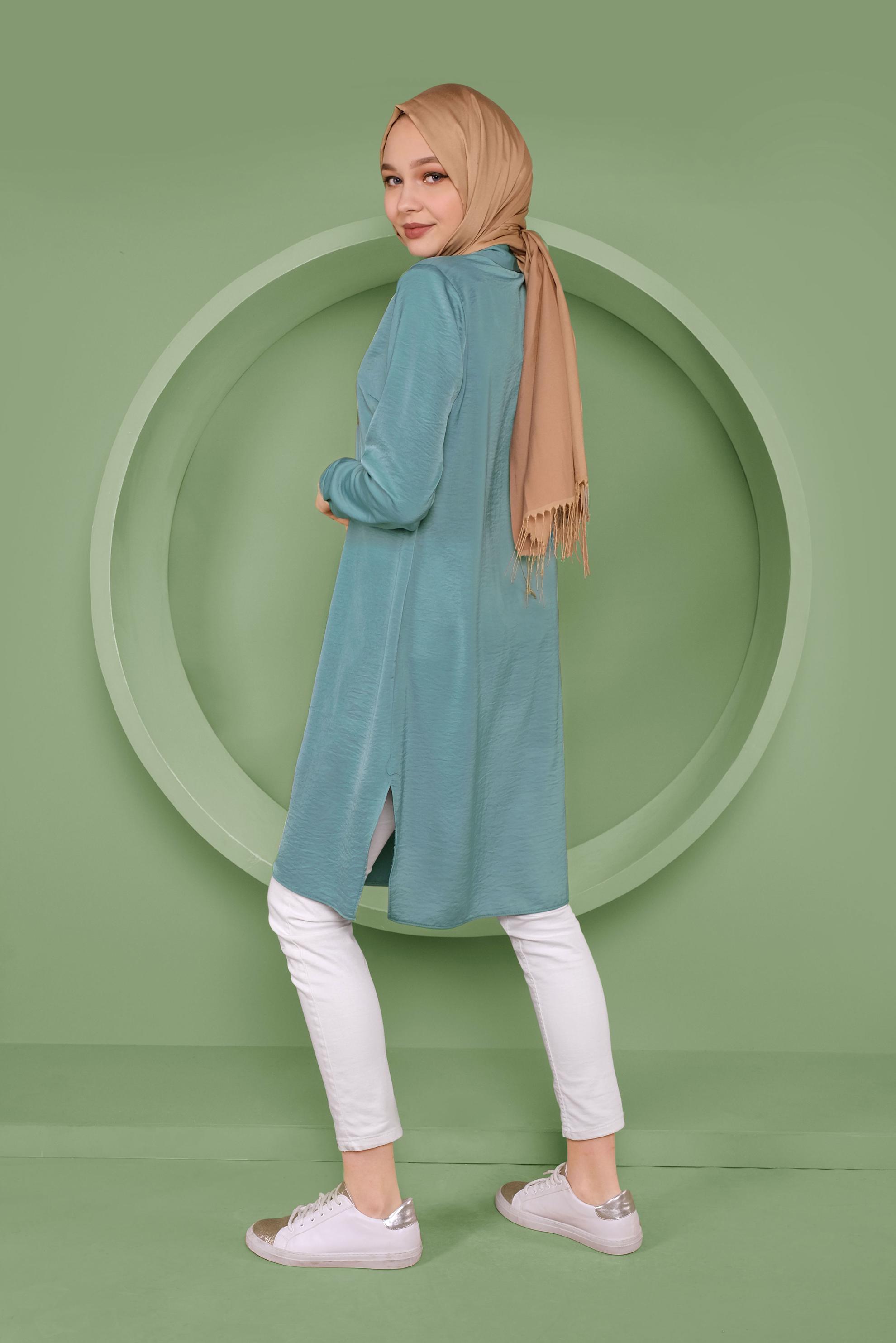 Tesettür giyim MAVİ GİZLİ DÜĞMELİ ERKEK YAKA TUNİK 41419