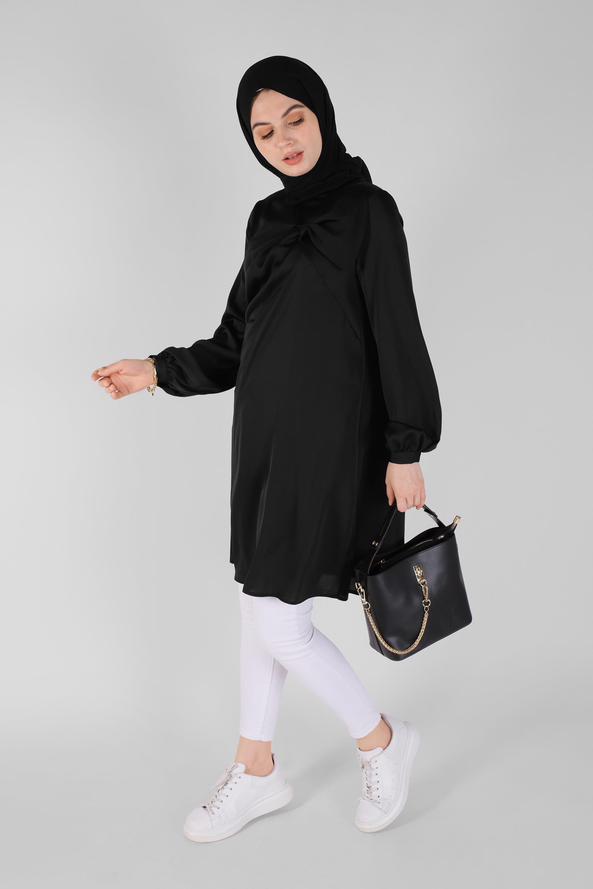 Tesettür giyim SİYAH FİYONK YAKA ŞİFON TUNİK 41420