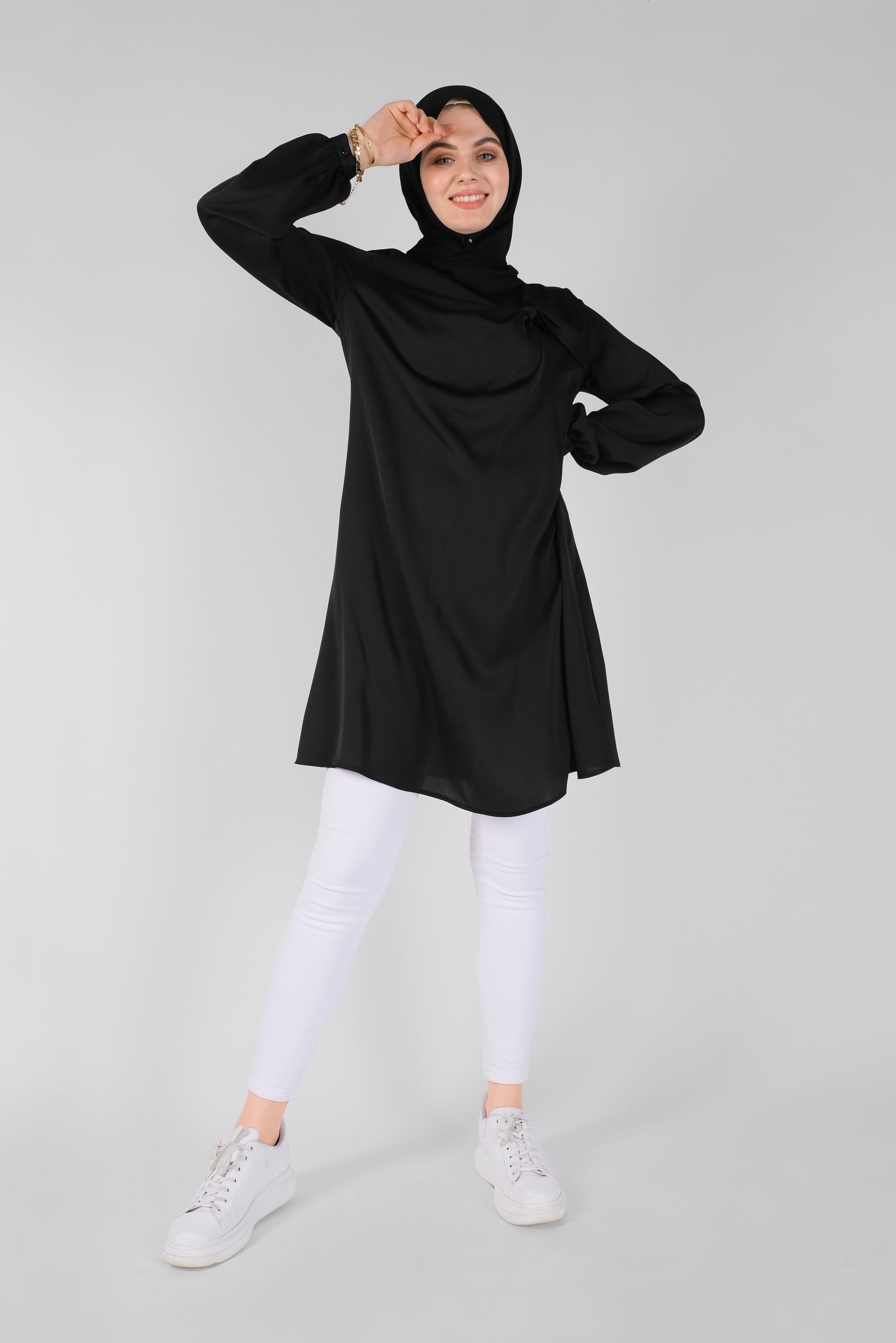 Tesettür giyim SİYAH FİYONK YAKA ŞİFON TUNİK 41420