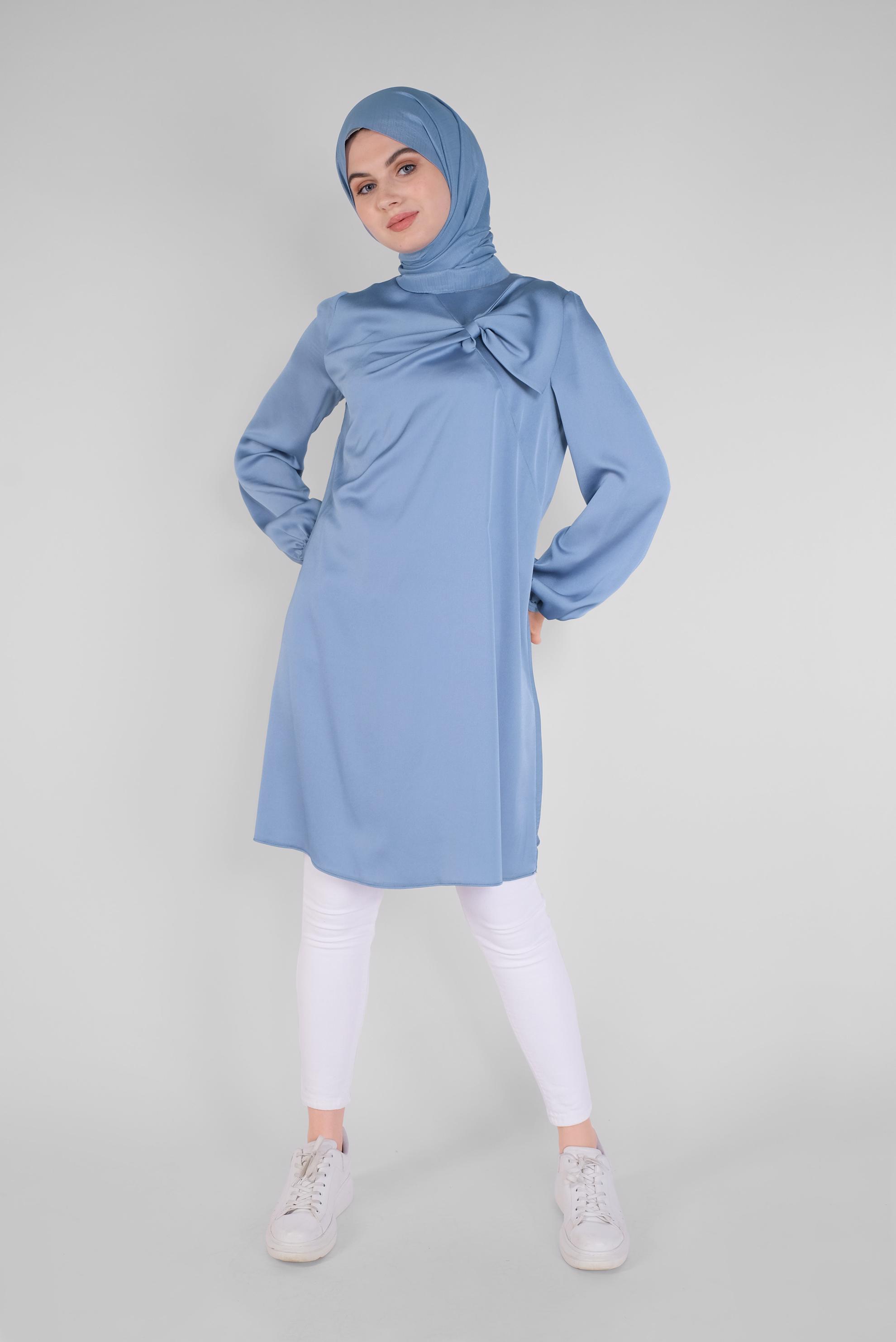 Tesettür giyim MAVİ FİYONK YAKA ŞİFON TUNİK 41420