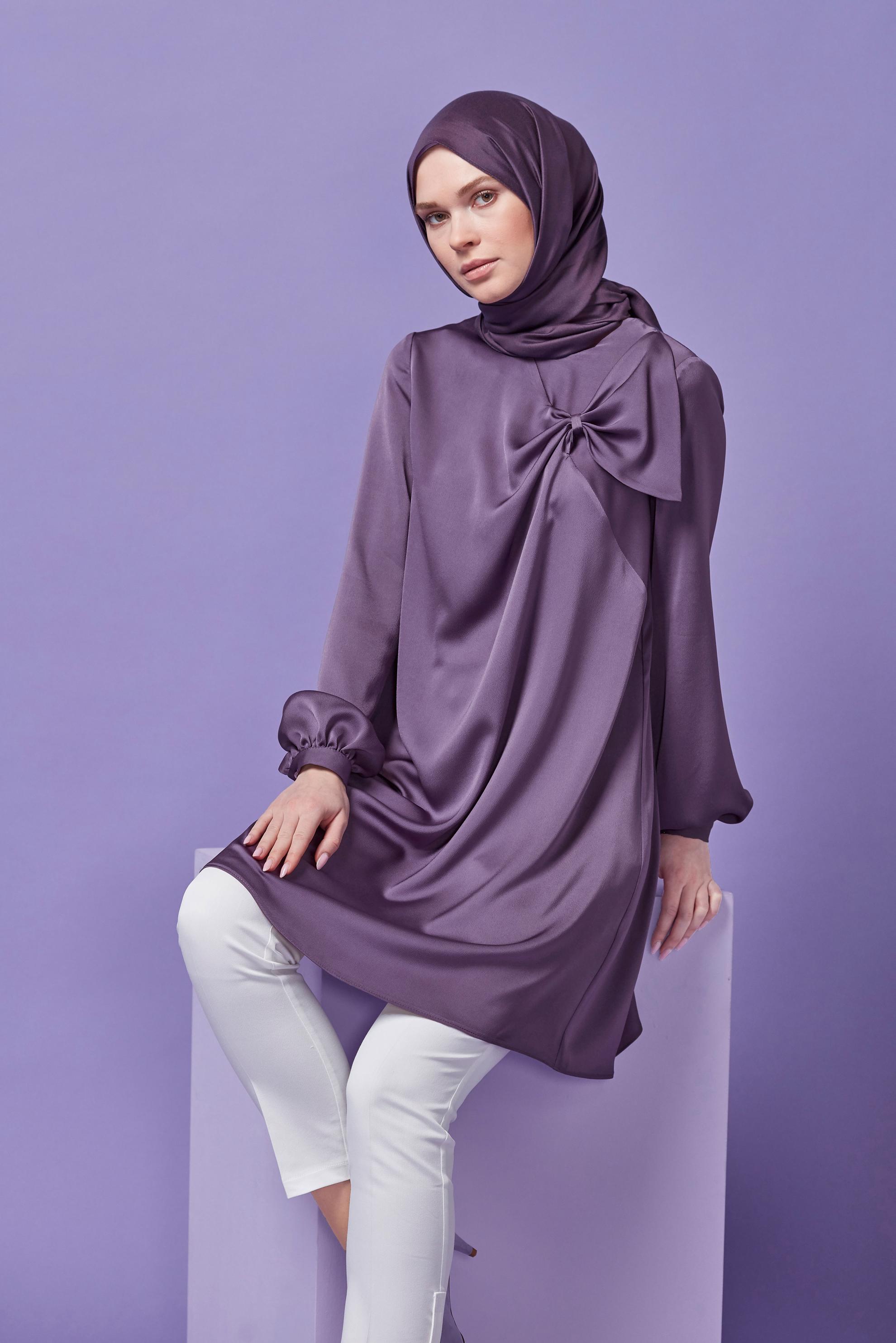 Tesettür giyim MOR FİYONK YAKA ŞİFON TUNİK 41420