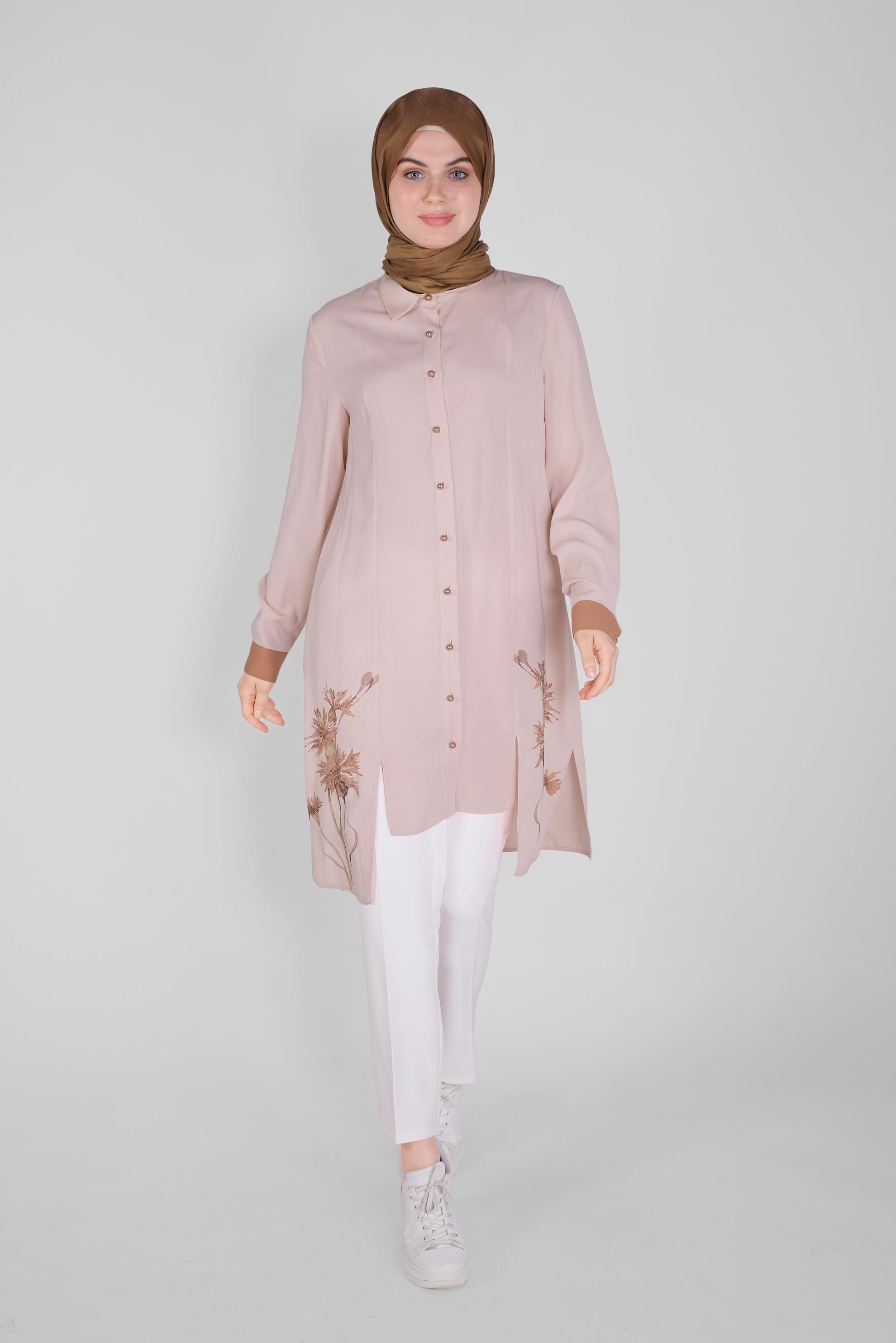 Tesettür giyim PUDRA ÇİÇEK BASKILI ASİMETRİK KESİM TUNİK 41421