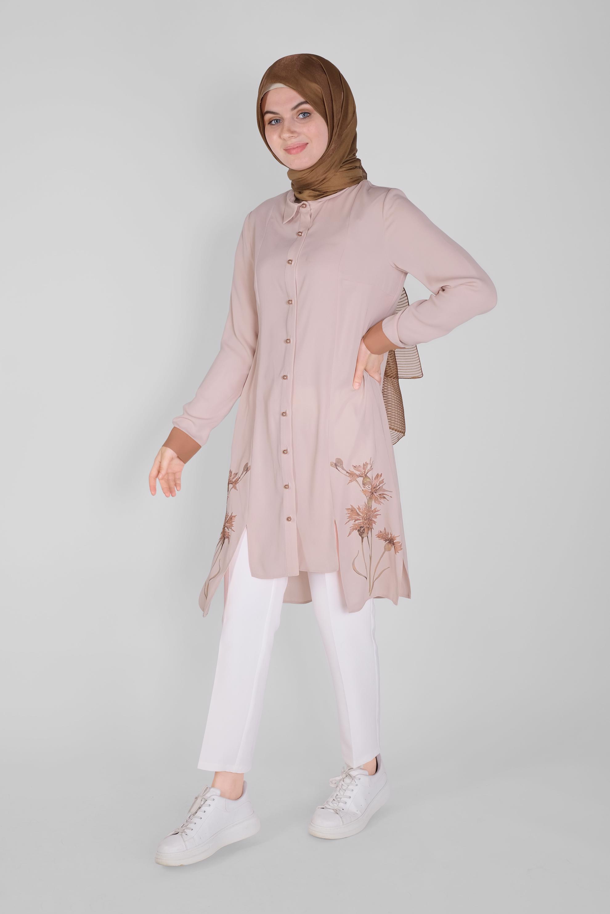 Tesettür giyim PUDRA ÇİÇEK BASKILI ASİMETRİK KESİM TUNİK 41421