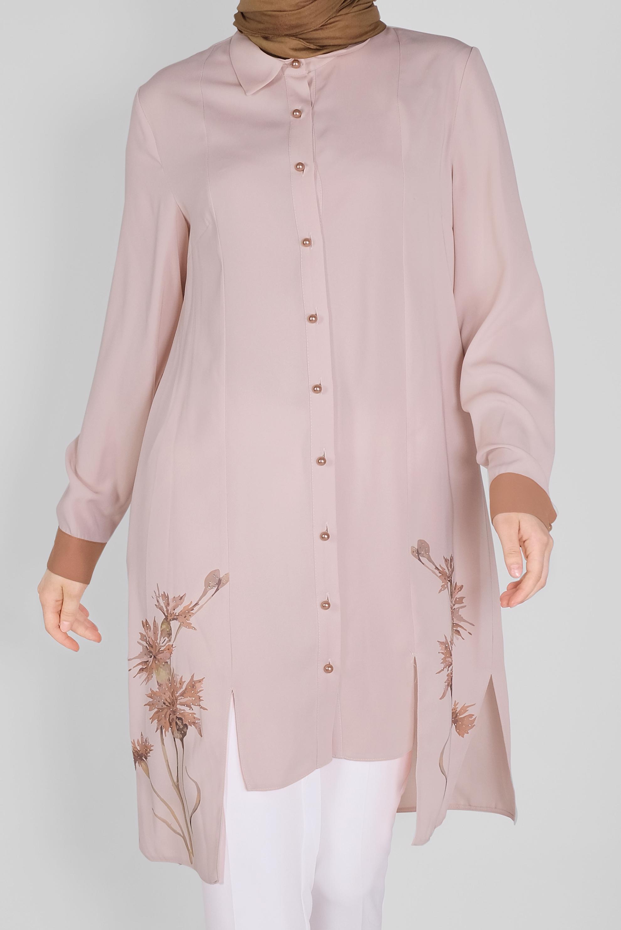 Tesettür giyim PUDRA ÇİÇEK BASKILI ASİMETRİK KESİM TUNİK 41421