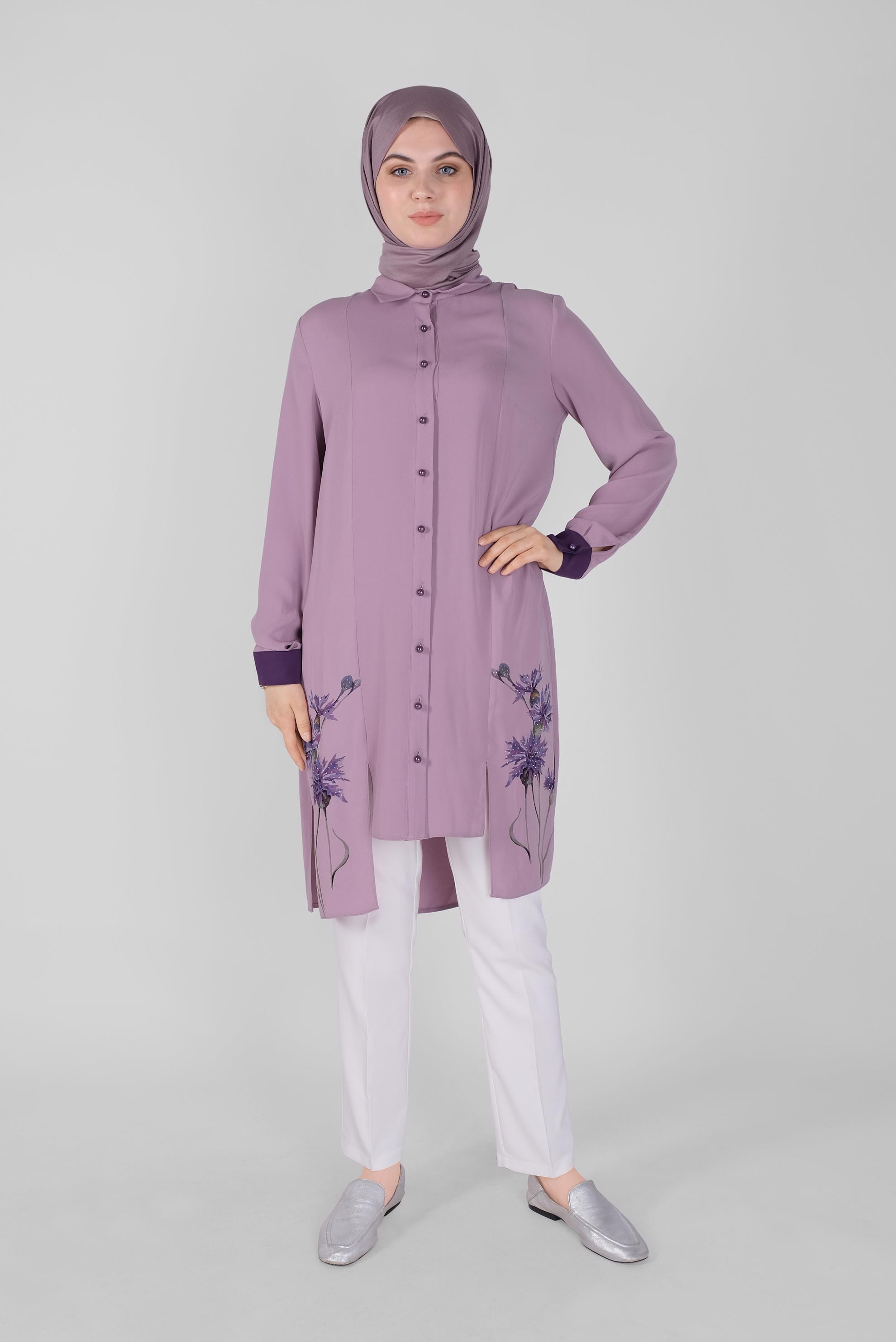 Tesettür giyim MOR ÇİÇEK BASKILI ASİMETRİK KESİM TUNİK 41421