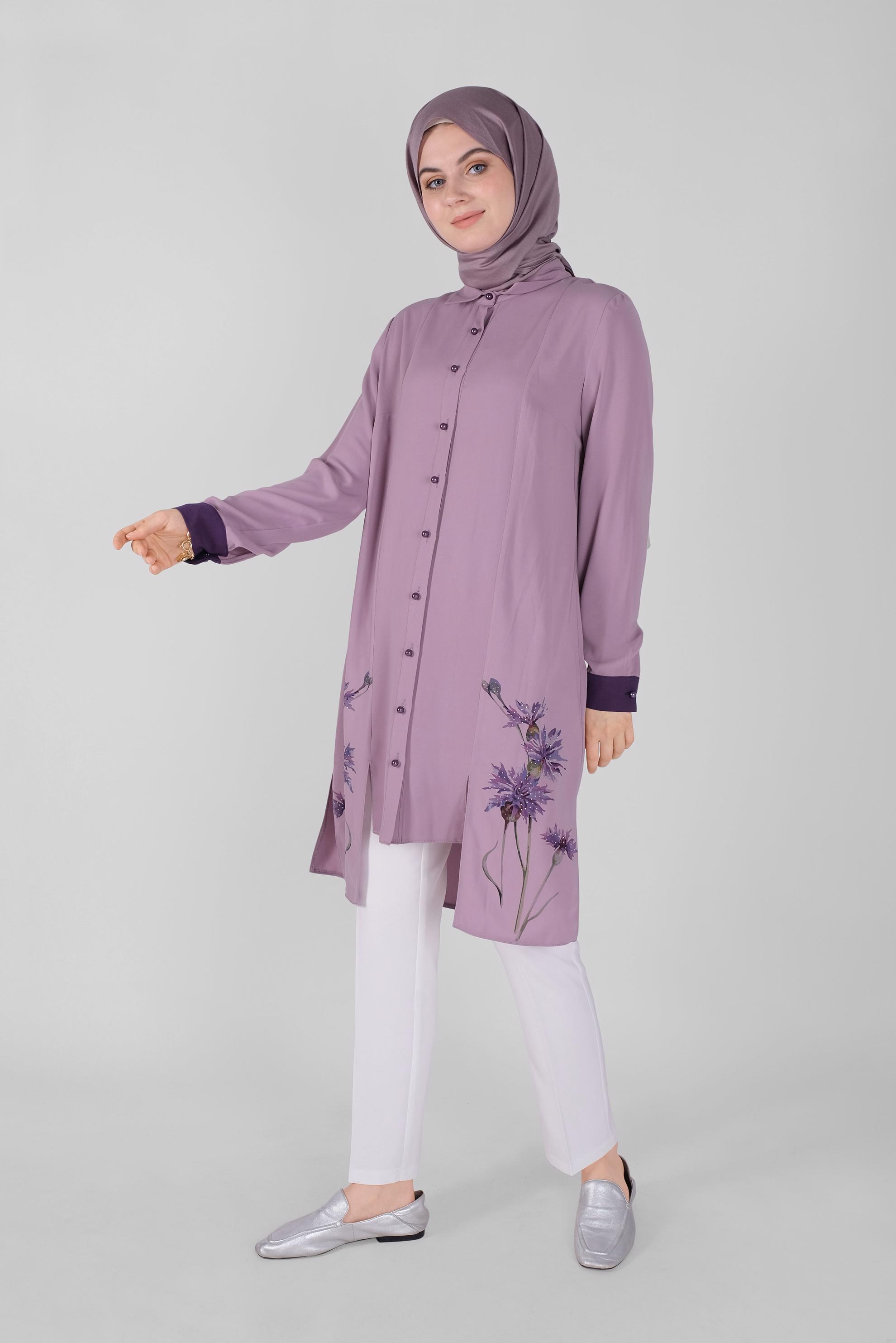 Tesettür giyim MOR ÇİÇEK BASKILI ASİMETRİK KESİM TUNİK 41421
